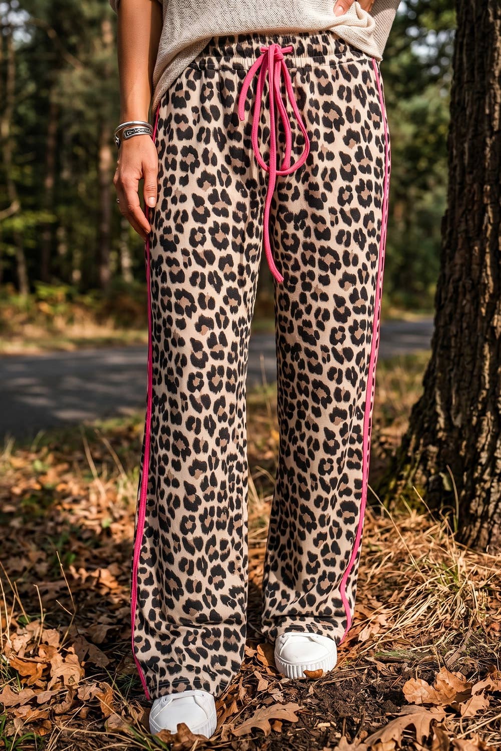 Leopard Print Rose Side Wide leg Stripe Detail Wide Pants: Rose / M