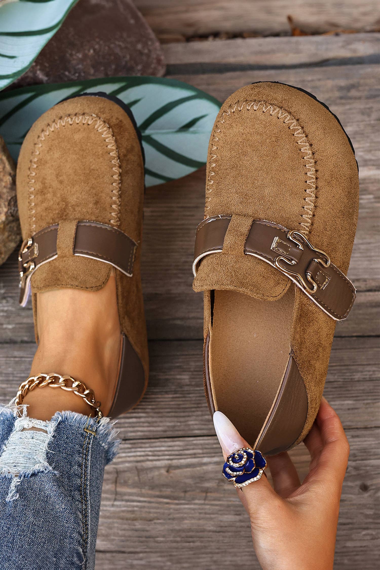 Faux Suede PU Leather Patchwork Retro Buckle Slip On Shoes: Khaki / 6(37)