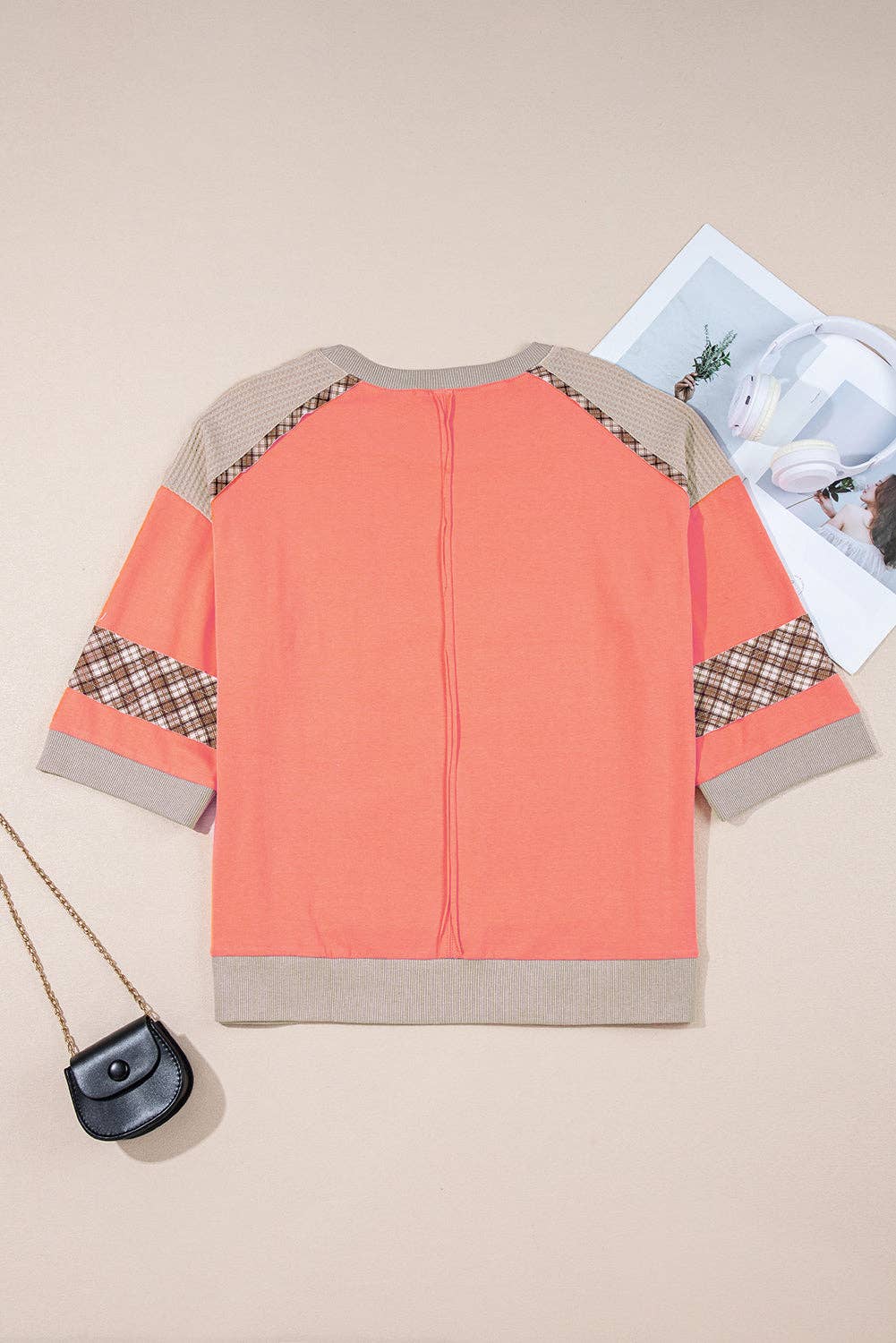 Grapefruit Orange Plaid Waffle Flower Patchwork Bracelet Sleeve Top: Grapefruit Orange / 95%Cotton+5%Elastane / L