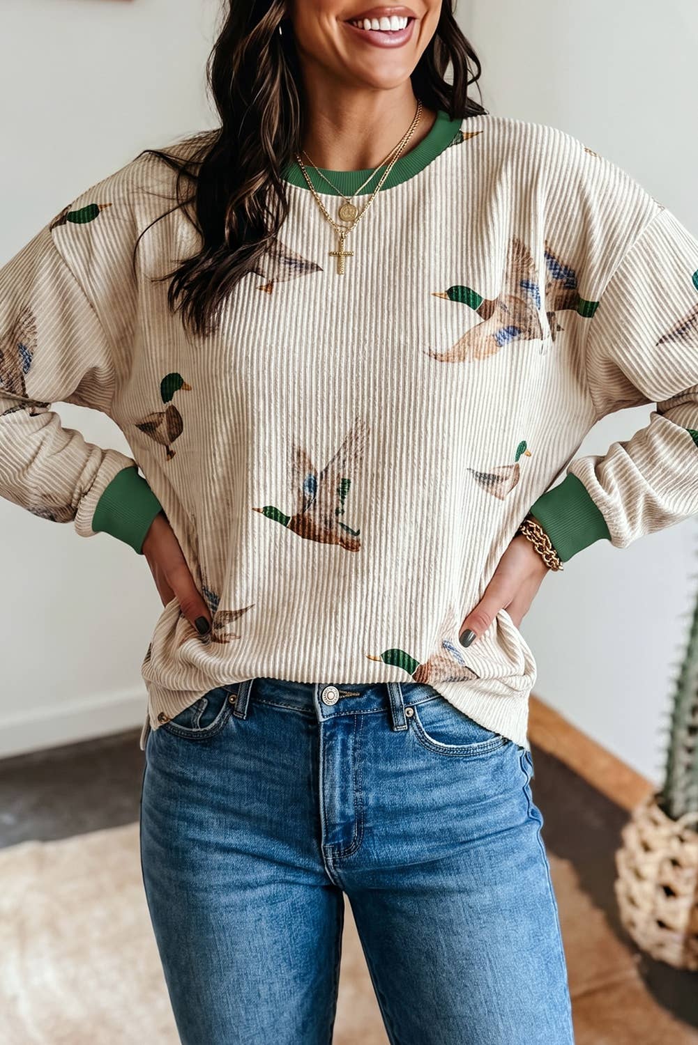 Twisted Ribbed Duck Crewneck Casual Pullover Sweatshirt: Beige / M