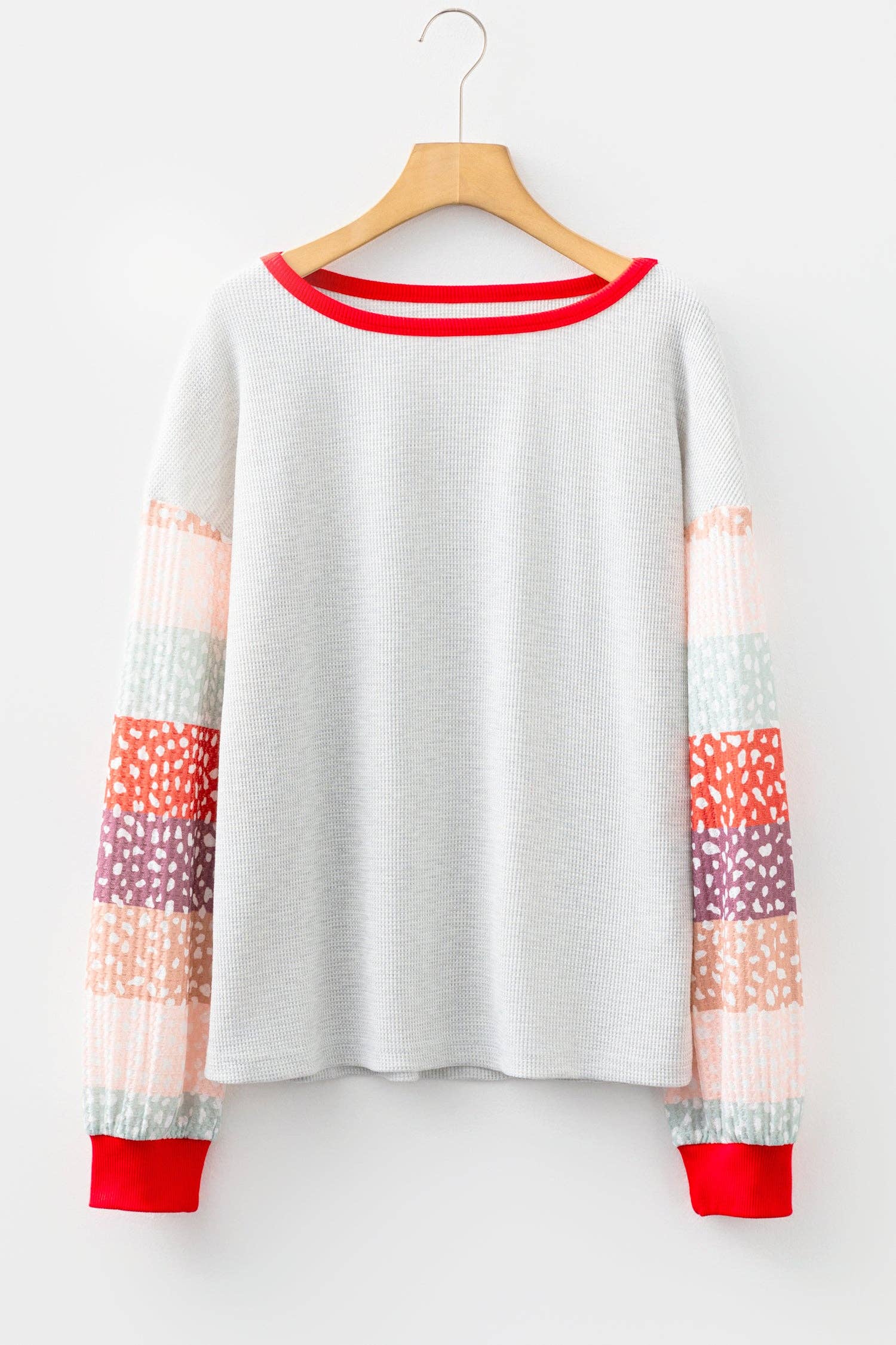 Jet Stream Contrast Leopard Color Block Sleeve Loose Pullover: Jet Stream / 75%Polyester+25%Cotton / S