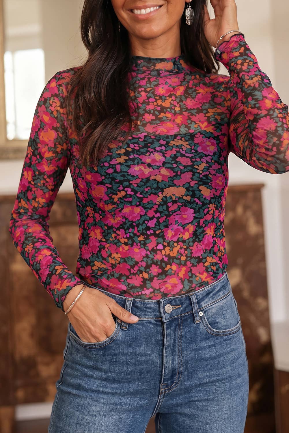 FW 2026 Floral Mesh Long Sleeve Mock Neck Top (S-4X): Camel / S