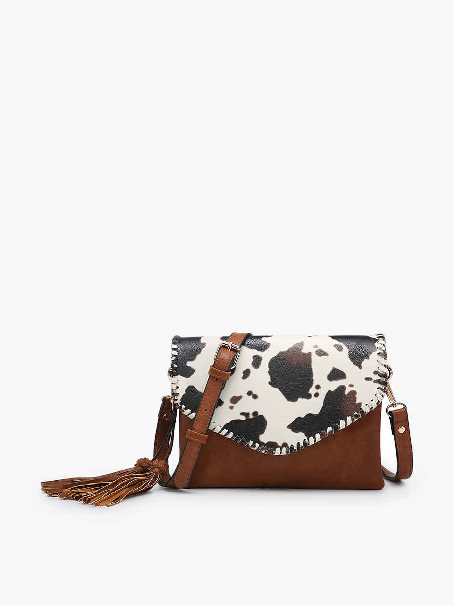 Sloane Flapover Crossbody w/ Whipstitch and Tassel | M1802A : Brown