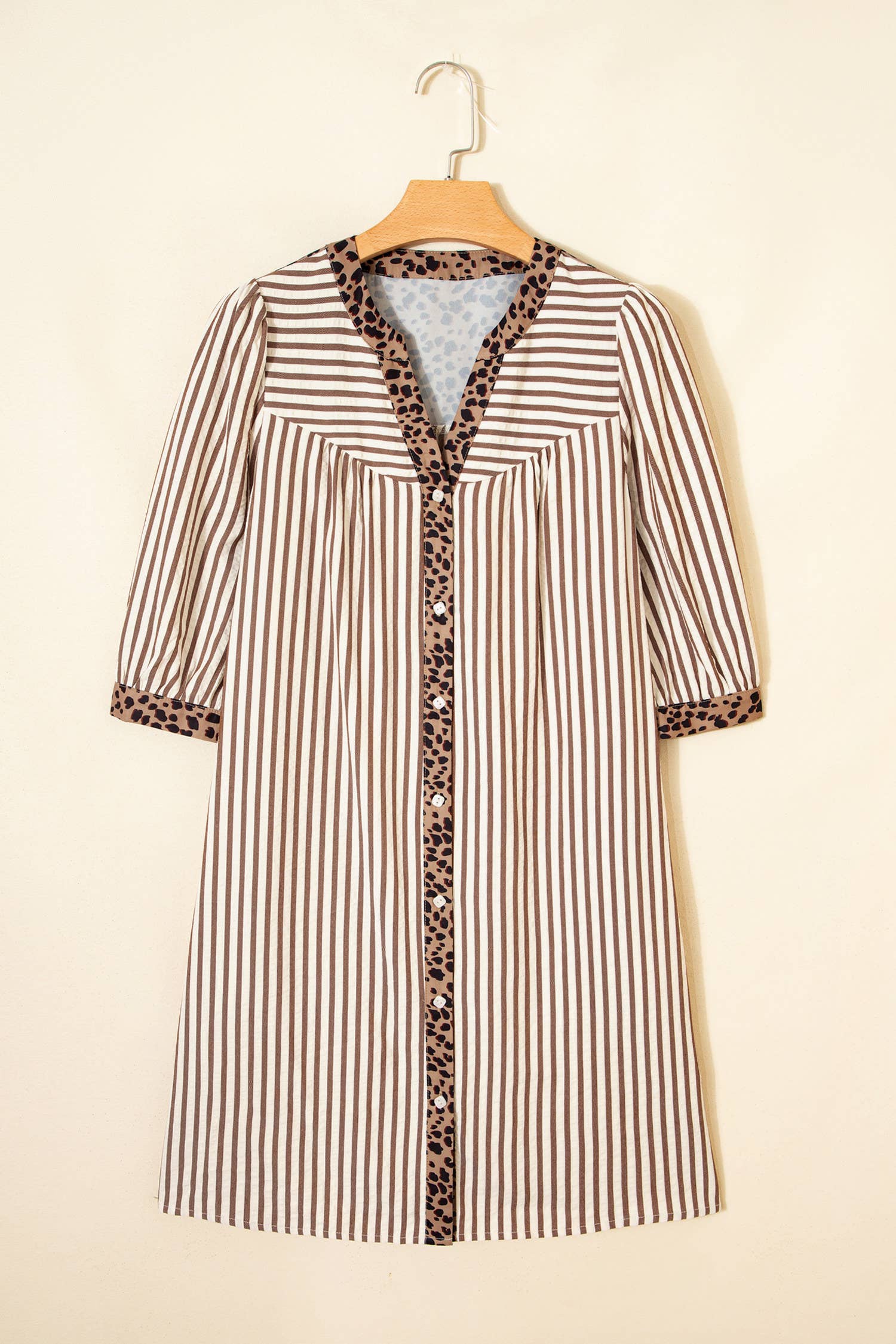 Stripe Button Leopard Trim Bracelet Sleeve Dress (S-XL): Brown / Missy / M