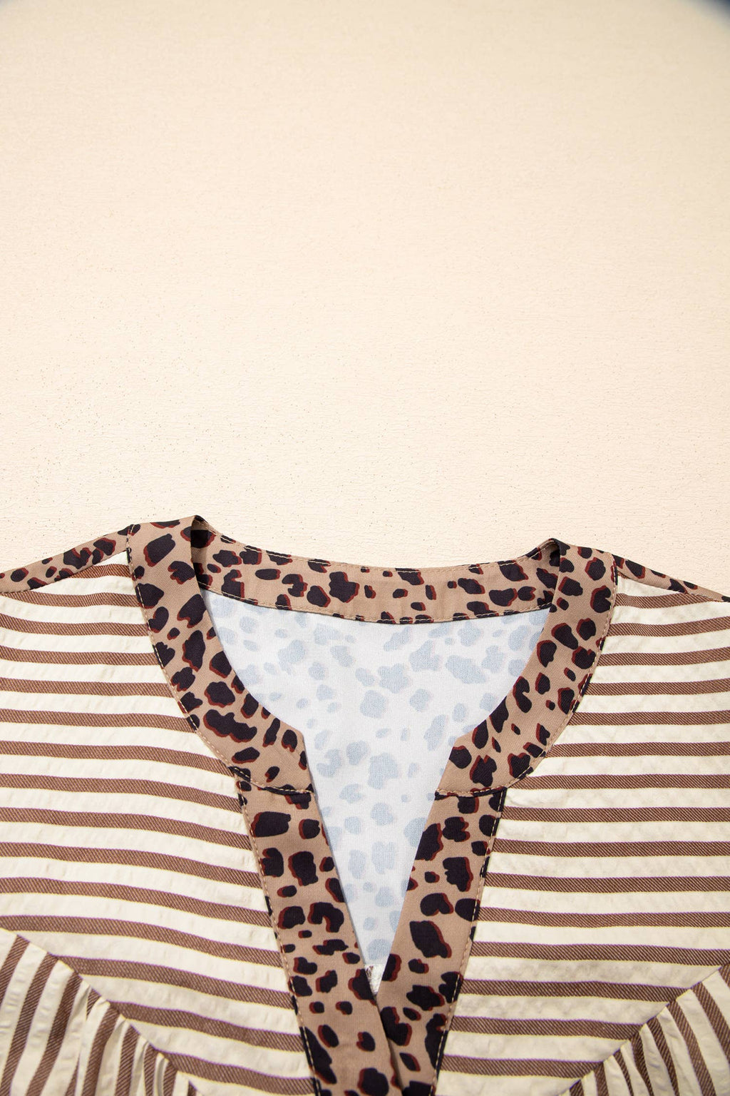 Stripe Button Leopard Trim Bracelet Sleeve Dress (S-XL): Brown / Missy / M