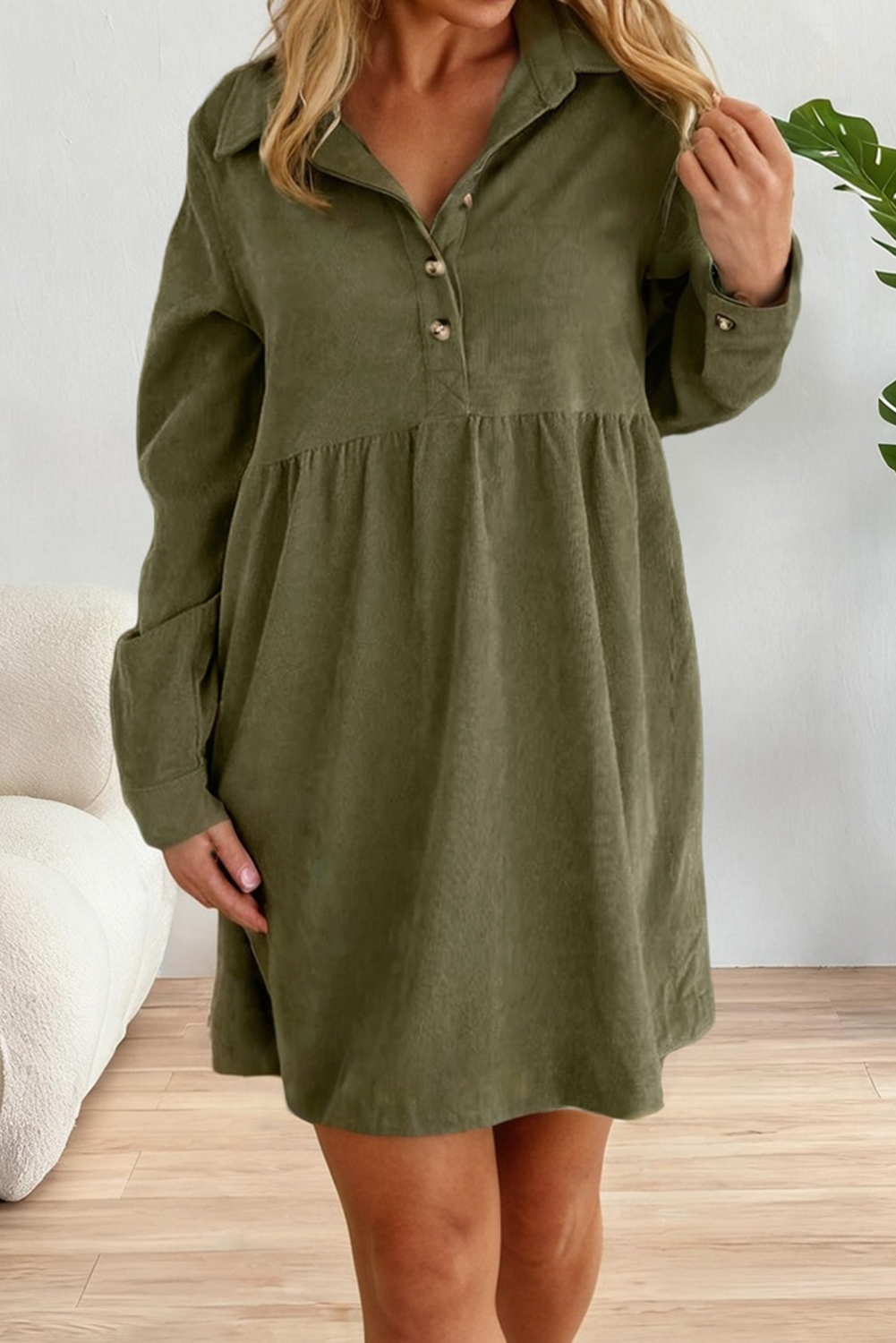 Corduroy Half Button Collared Long Sleeve Mini Fall Dress: Beige / Missy / L
