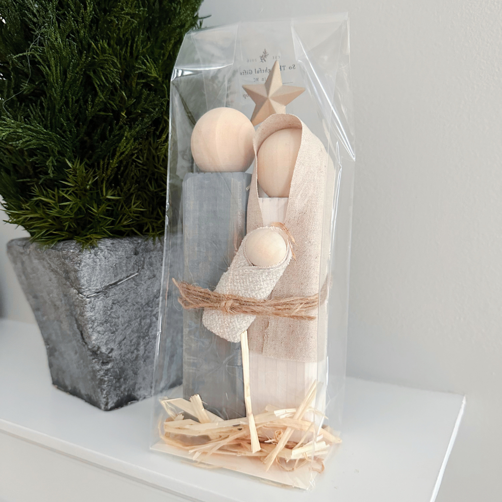 Simple Wooden Nativity Set | Hand-painted | Gift Wrapped: Sage & Dusty Blue