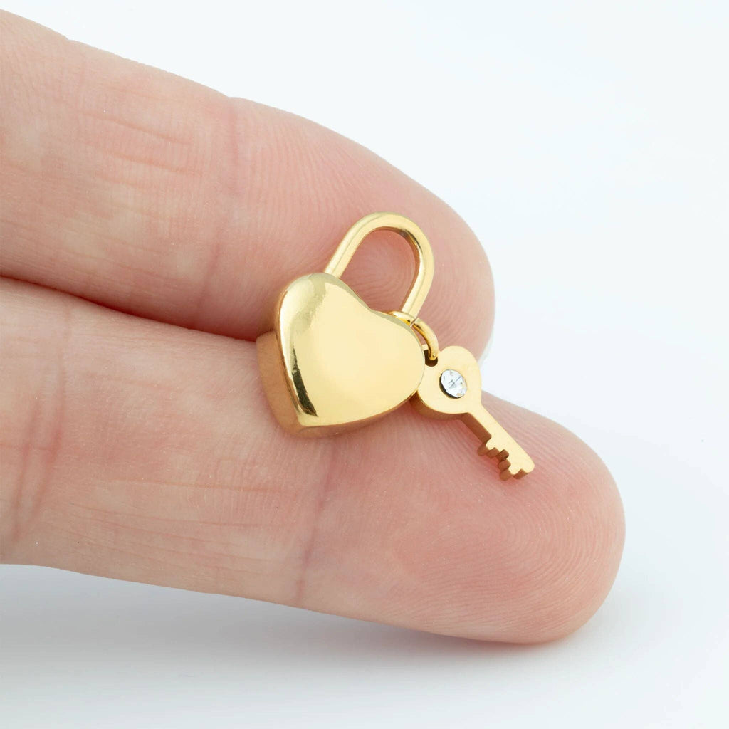 18K Gold PVD Stainless Steel Heart Lock and Key Charm: Gold