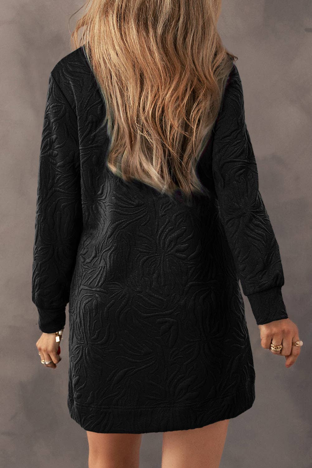Jacquard Textured Quarter Zipper Shift Mini Dress: Black / 97%Polyester+3%Elastane / S