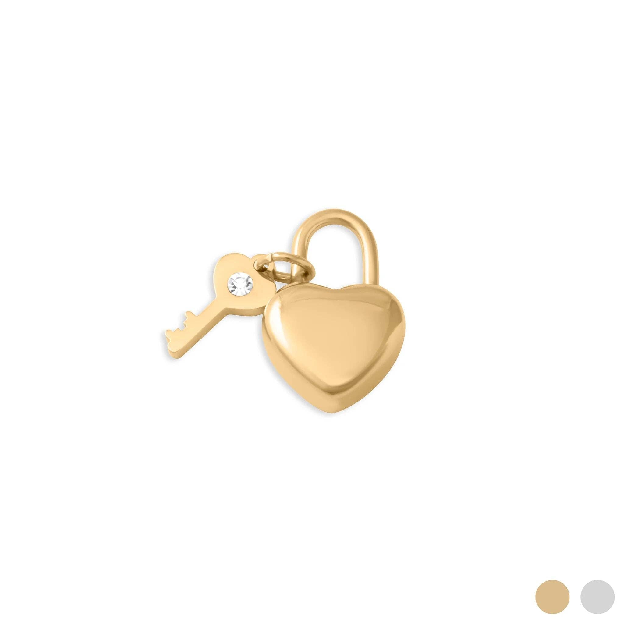 18K Gold PVD Stainless Steel Heart Lock and Key Charm: Stainless