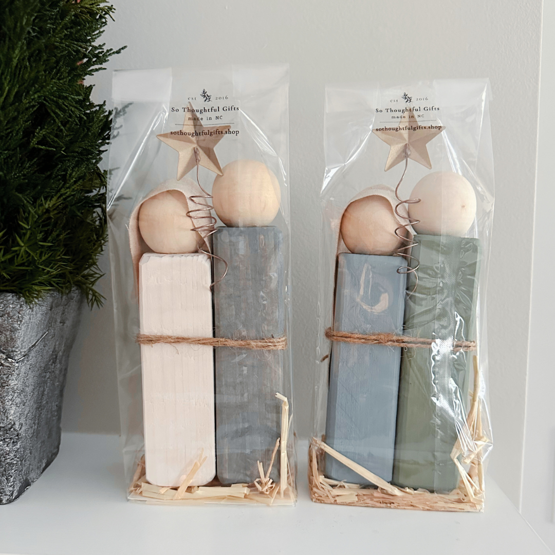 Simple Wooden Nativity Set | Hand-painted | Gift Wrapped: Sage & Dusty Blue