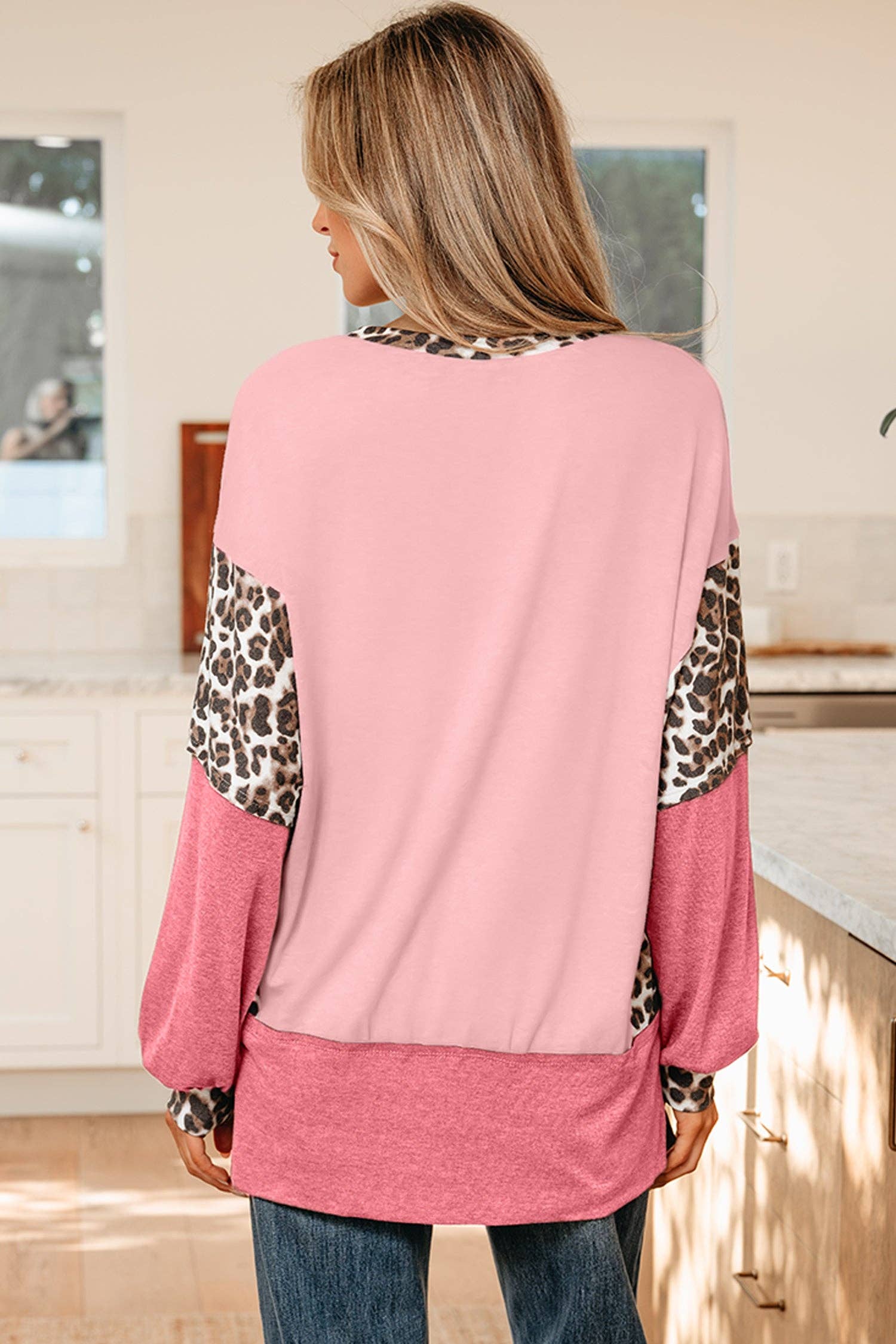 Color Block Leopard Dolman Sleeve High Low Baggy Sweatshirt: Light Pink / 75%Polyester+20%Viscose+5%Elastane / L