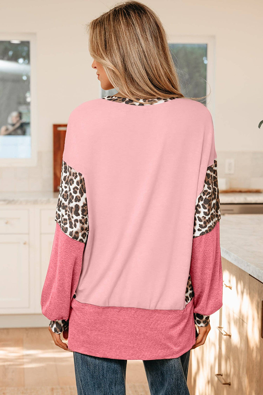 Color Block Leopard Dolman Sleeve High Low Baggy Sweatshirt: Light Pink / 75%Polyester+20%Viscose+5%Elastane / XL