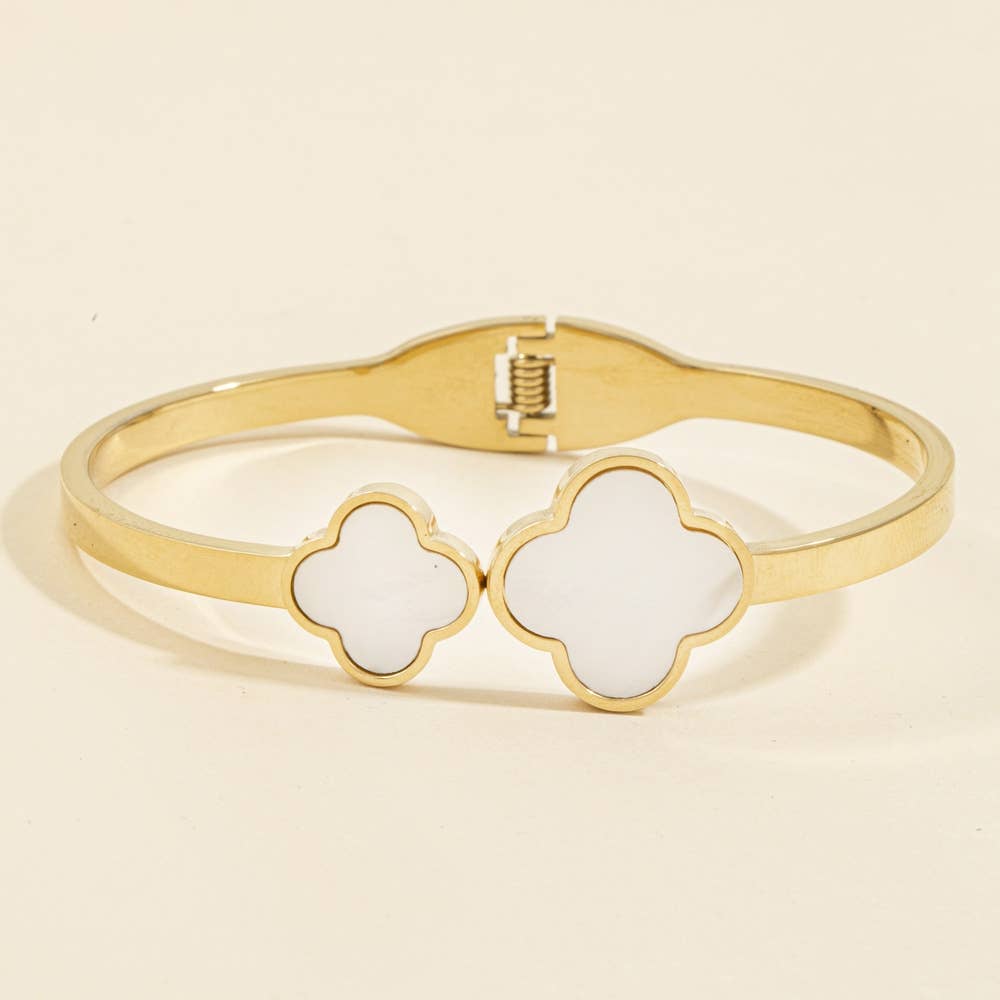 Mother Of Pearl Double Clover Hinged Bangle Bracelet: W