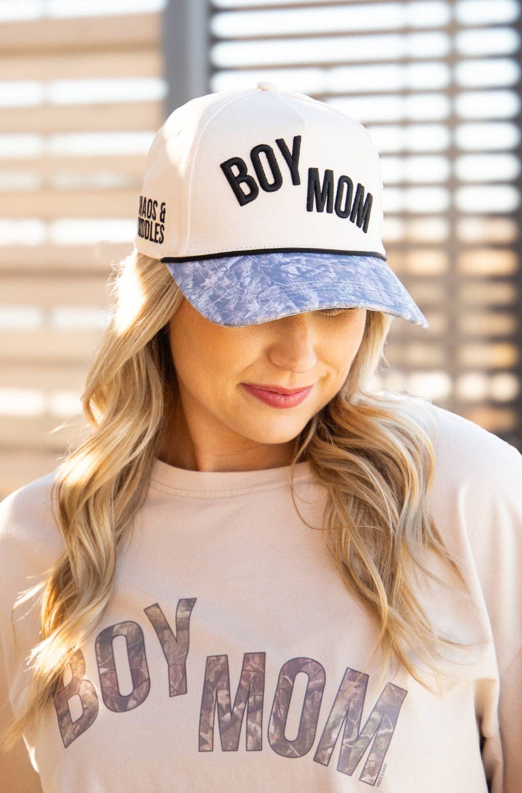 "Boy Mom" on Tan Hat with Camo Bill: Tan / One Size