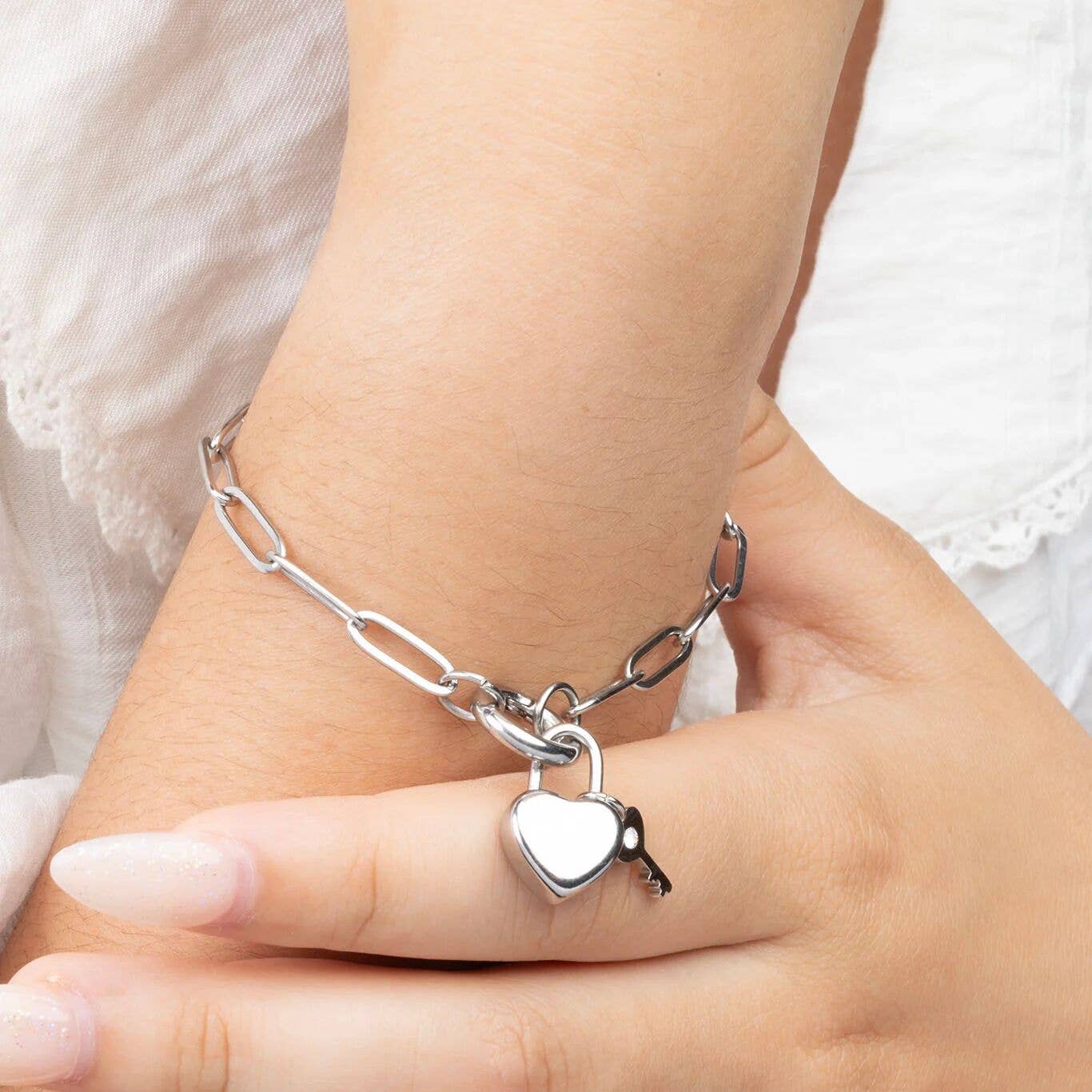 18K Gold PVD Stainless Steel Heart Lock and Key Charm: Stainless