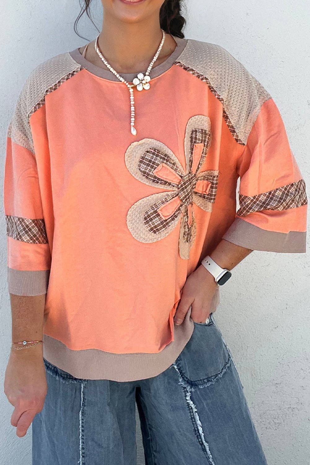 Grapefruit Orange Plaid Waffle Flower Patchwork Bracelet Sleeve Top: Grapefruit Orange / 95%Cotton+5%Elastane / L
