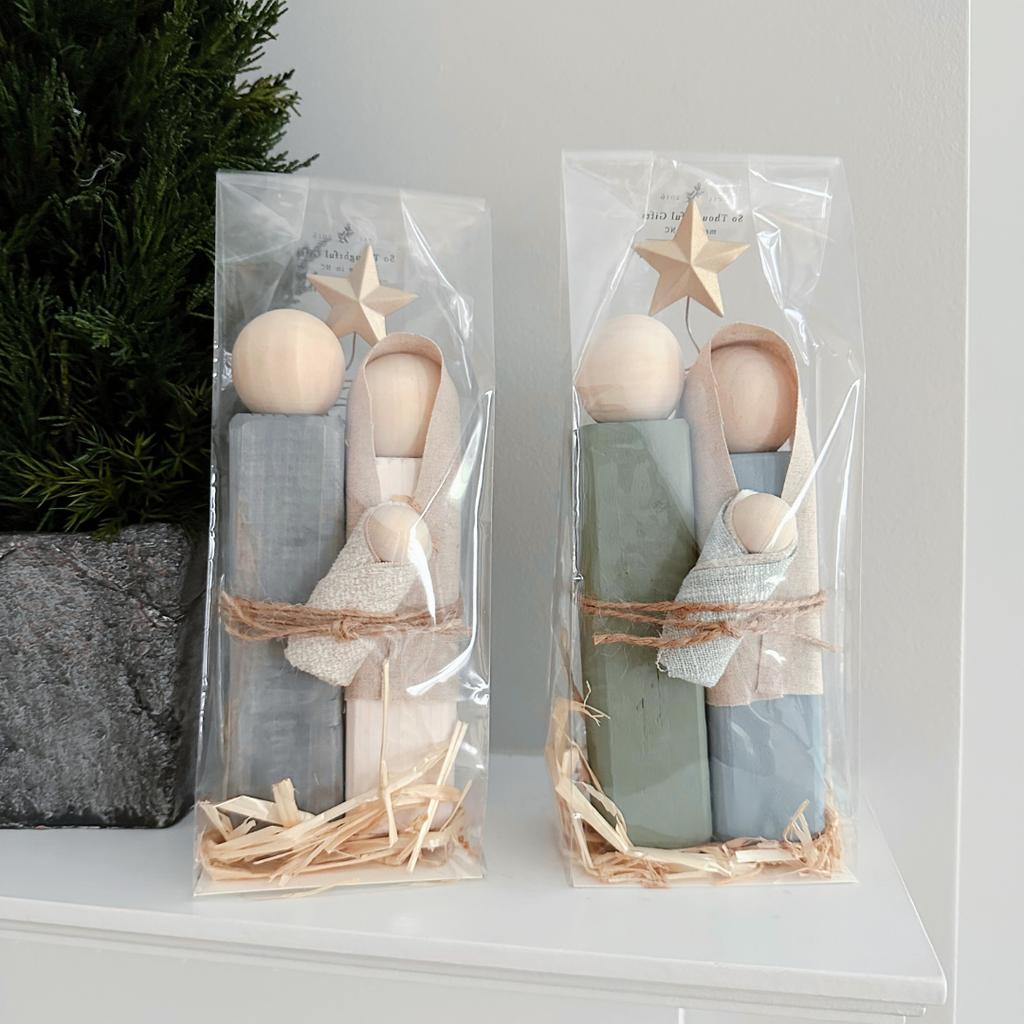 Simple Wooden Nativity Set | Hand-painted | Gift Wrapped: Sage & Dusty Blue