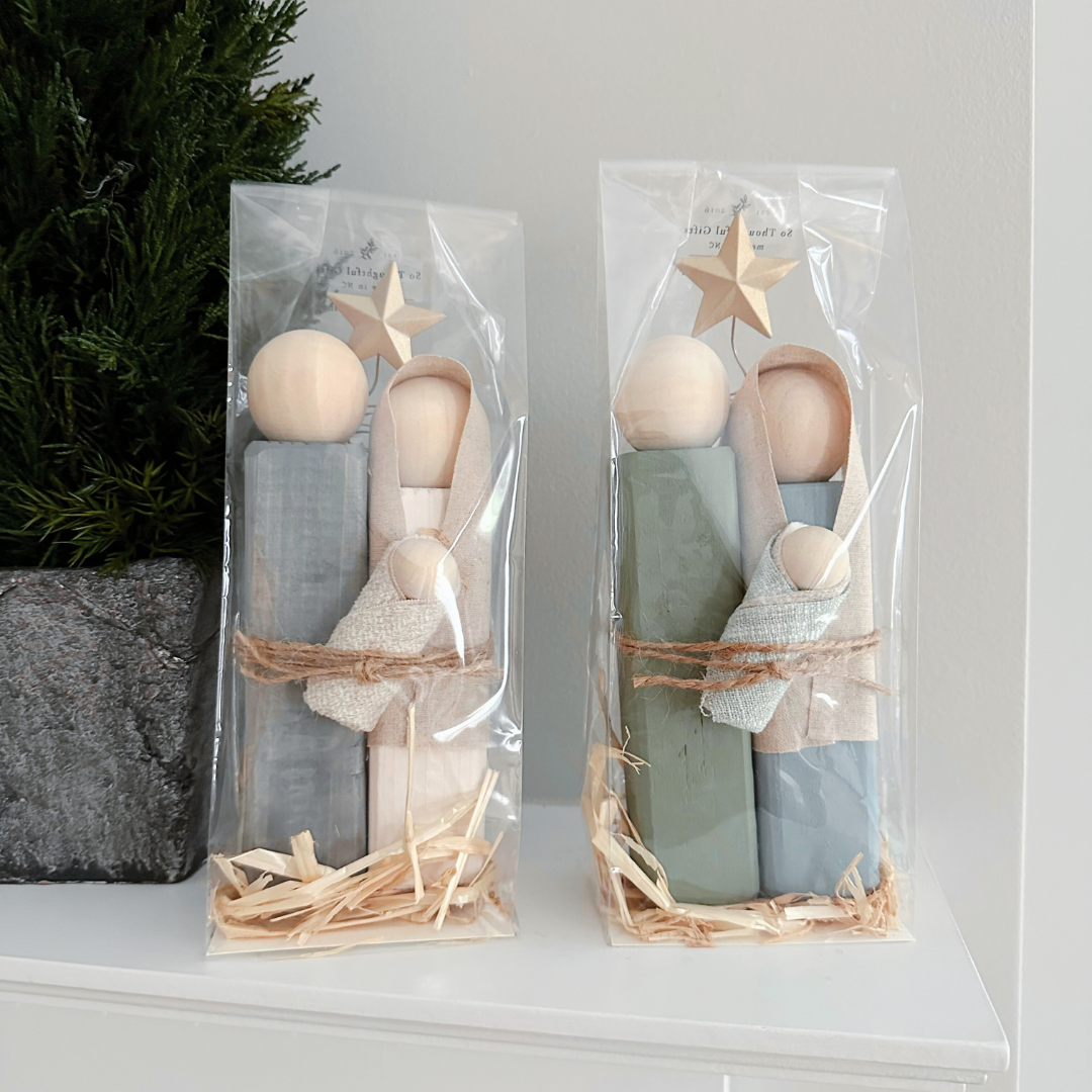 Simple Wooden Nativity Set | Hand-painted | Gift Wrapped: Sage & Dusty Blue