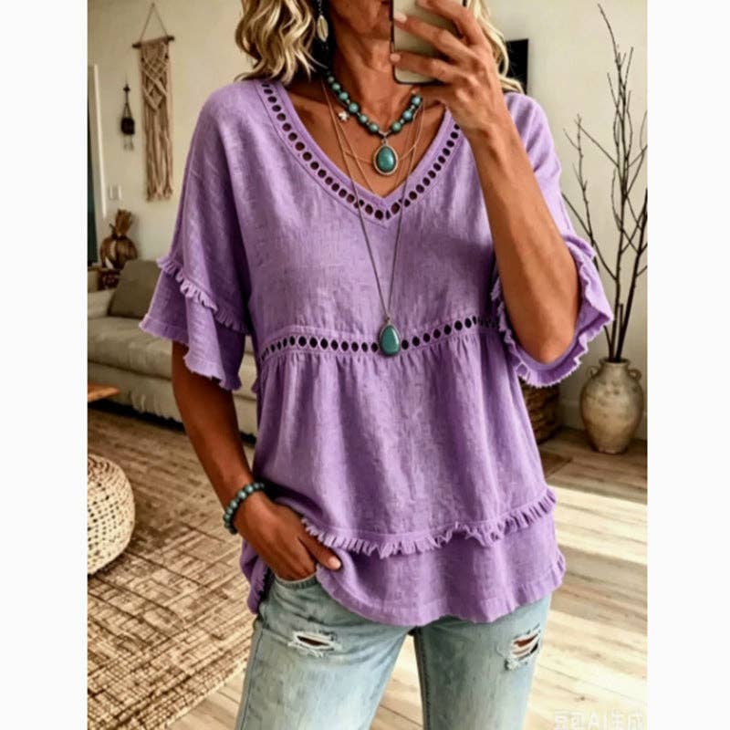 Boho Linen V Neck Blouse Eyelet Ruffle Sleeve: White / 30%cotton70%linen / L