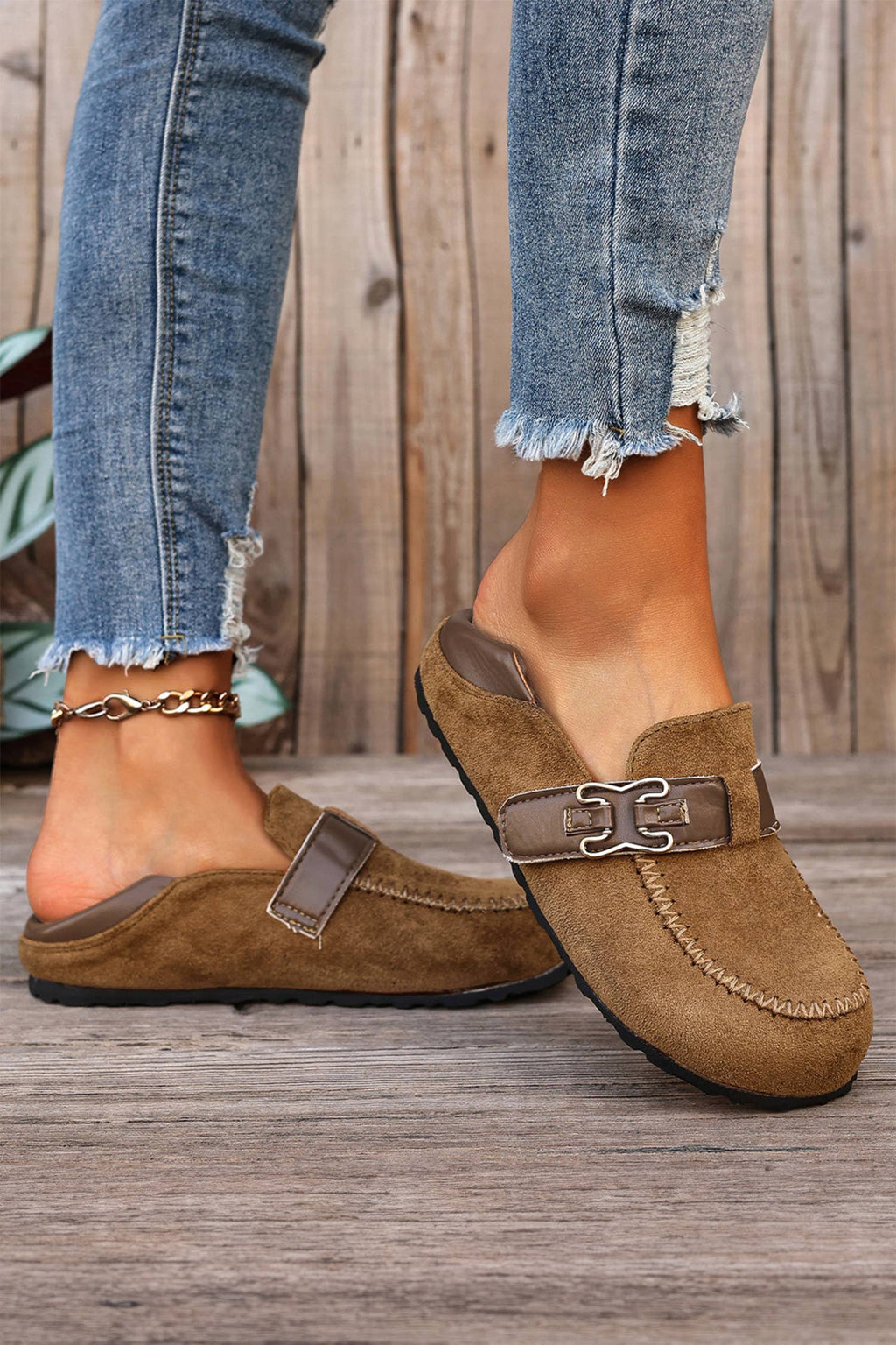Faux Suede PU Leather Patchwork Retro Buckle Slip On Shoes: Khaki / 6(37)