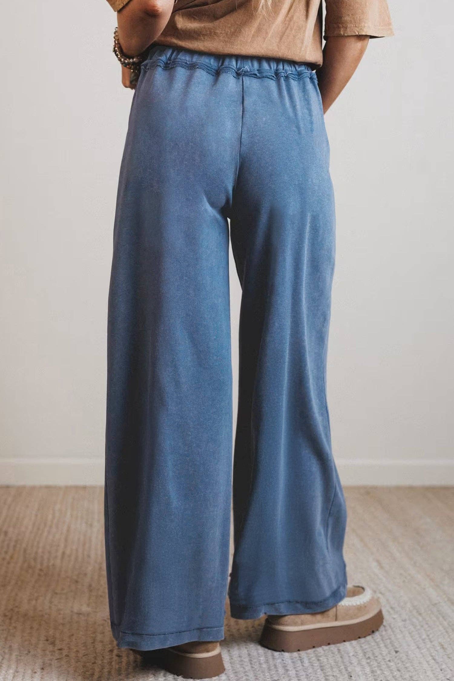 Ashleigh Blue Mineral Wash Drawstring Retro High Waist Wide Leg Western Pants: Ashleigh Blue / 100%Cotton / XL