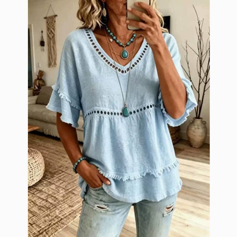 Boho Linen V Neck Blouse Eyelet Ruffle Sleeve: White / 30%cotton70%linen / L
