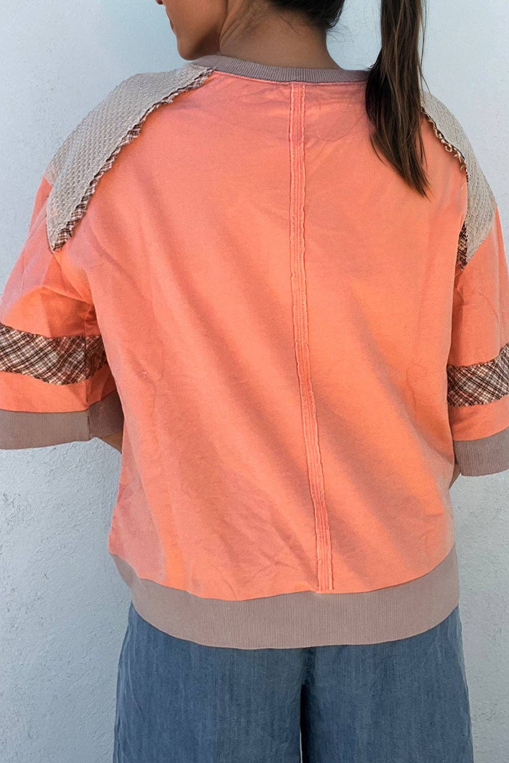 Grapefruit Orange Plaid Waffle Flower Patchwork Bracelet Sleeve Top: Grapefruit Orange / 95%Cotton+5%Elastane / S