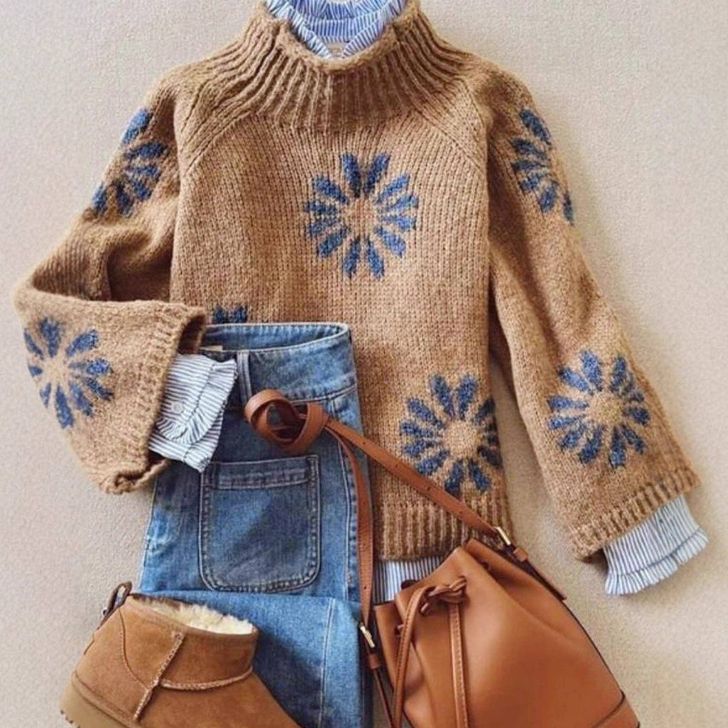 Khaki Floral Knit Sweater Women Ribbed Pattern N5A880: Khaki / S