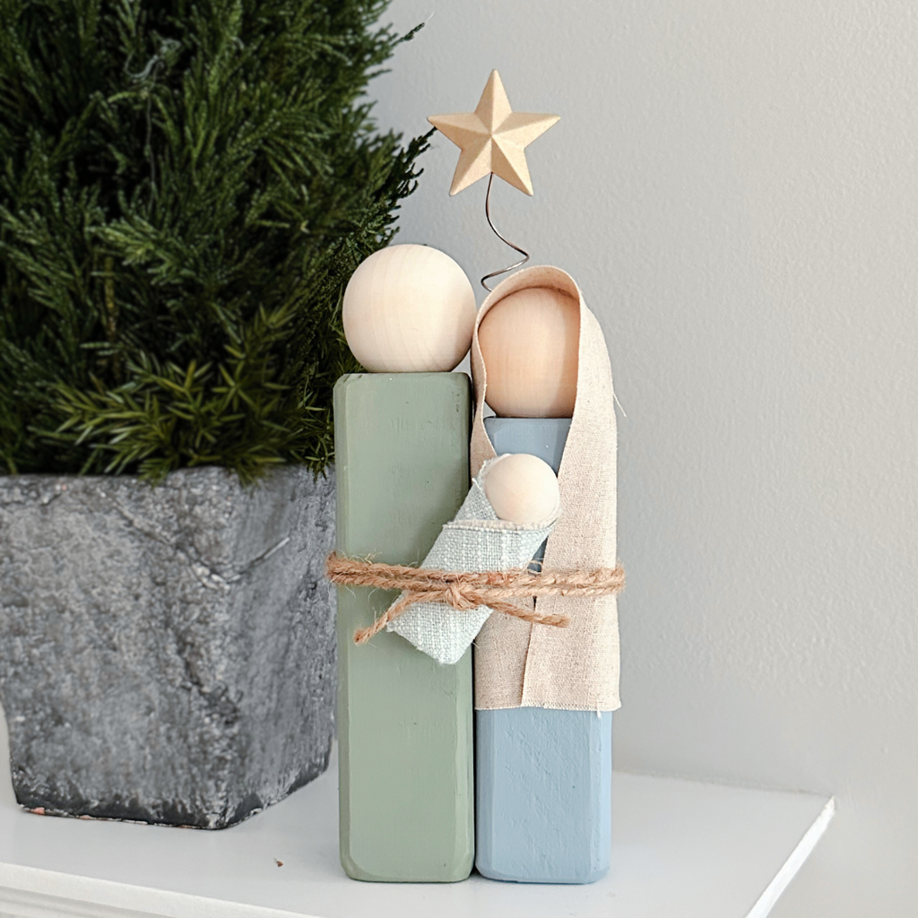Simple Wooden Nativity Set | Hand-painted | Gift Wrapped: Sage & Dusty Blue