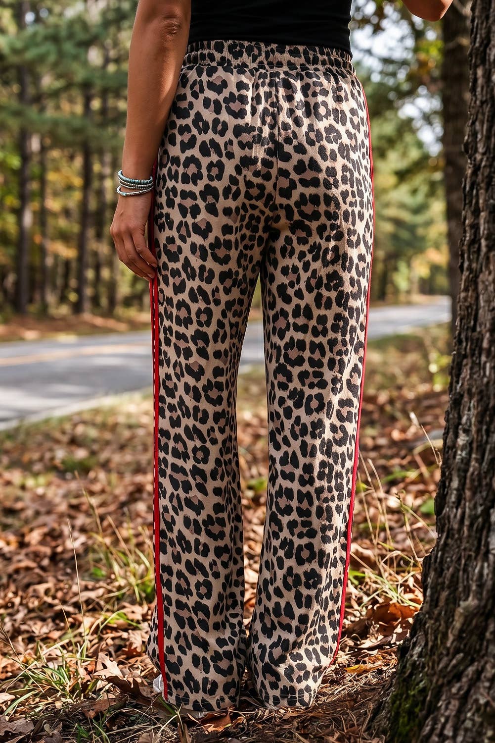 Leopard Print Rose Side Wide leg Stripe Detail Wide Pants: Rose / XL