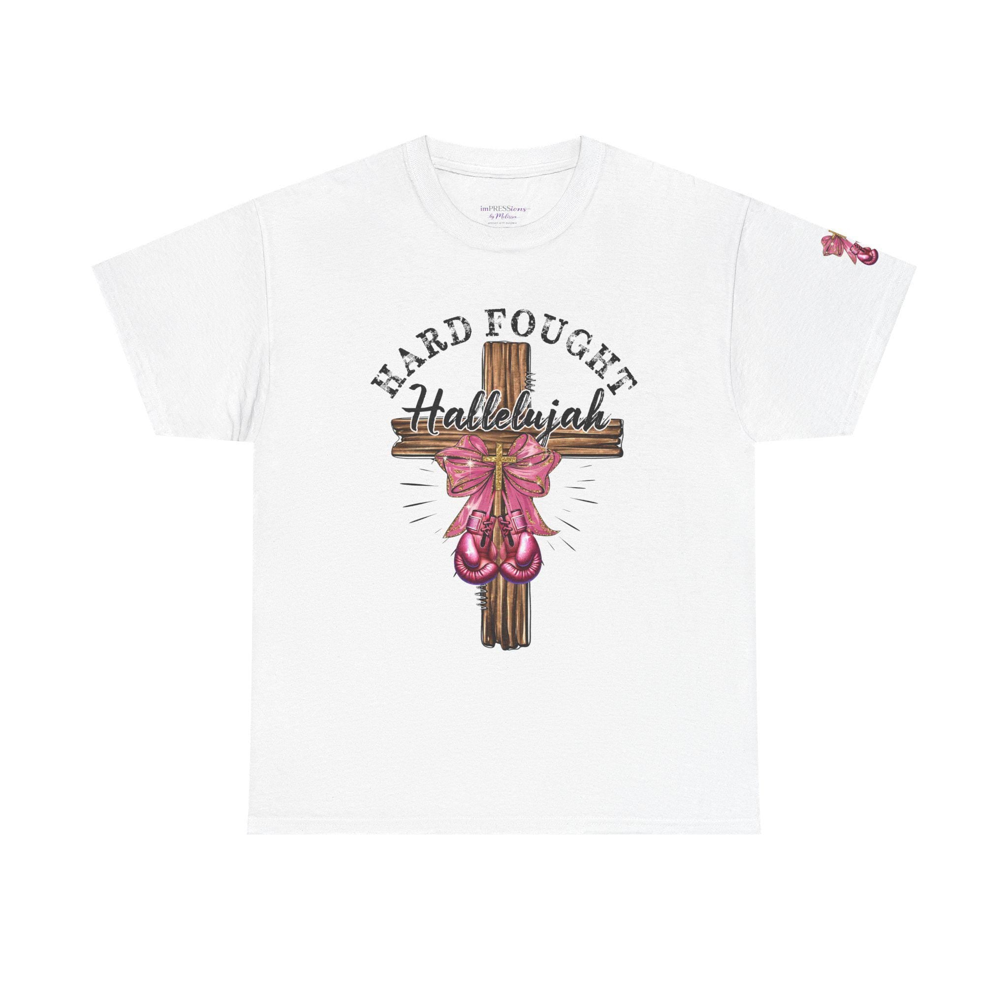 Hard-Fought Hallelujah T-Shirt | Cross with Pink Ribbon, Faith Christian Tee