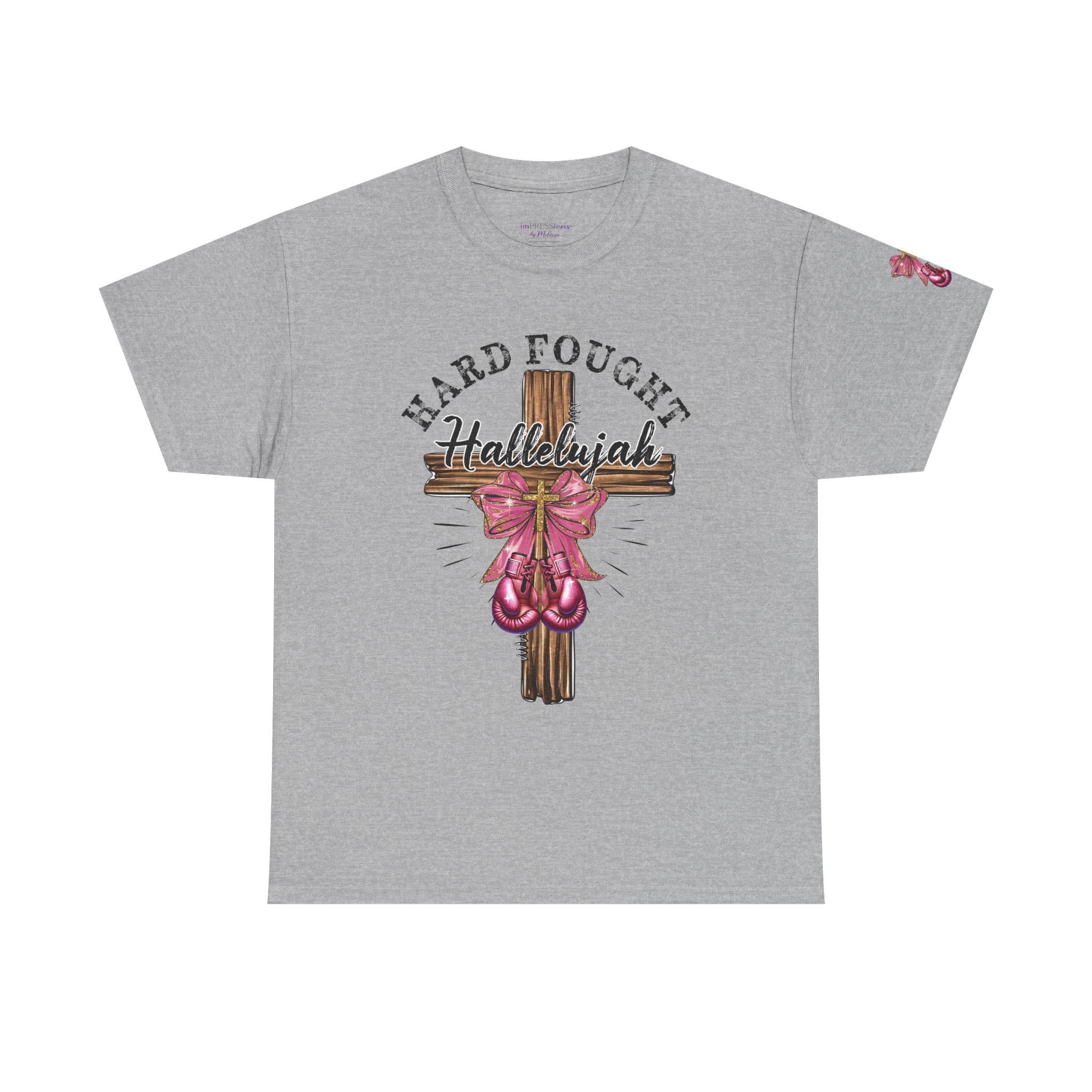 Hard-Fought Hallelujah T-Shirt | Cross with Pink Ribbon, Faith Christian Tee