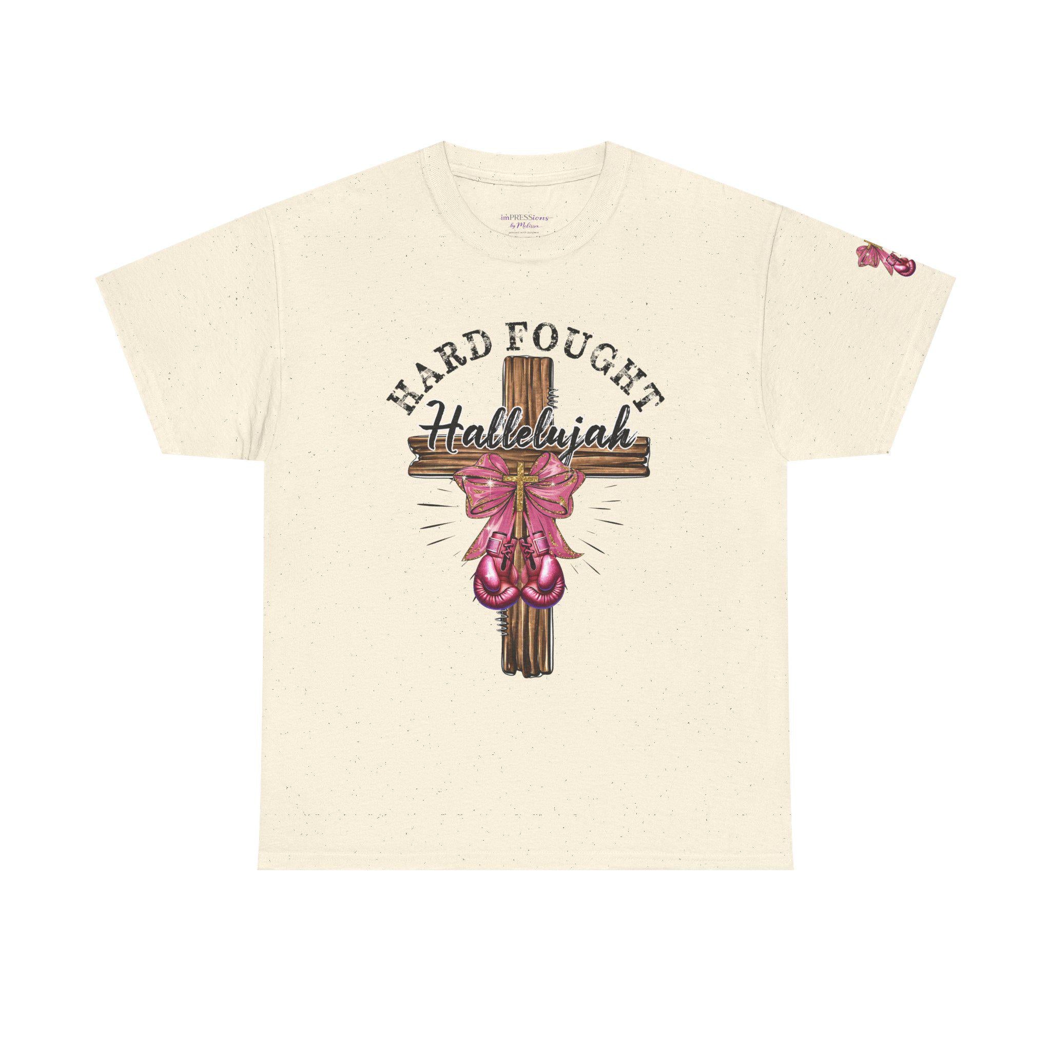 Hard-Fought Hallelujah T-Shirt | Cross with Pink Ribbon, Faith Christian Tee