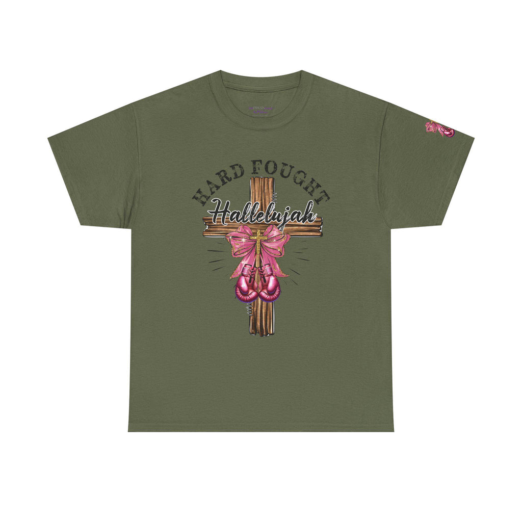 Hard-Fought Hallelujah T-Shirt | Cross with Pink Ribbon, Faith Christian Tee
