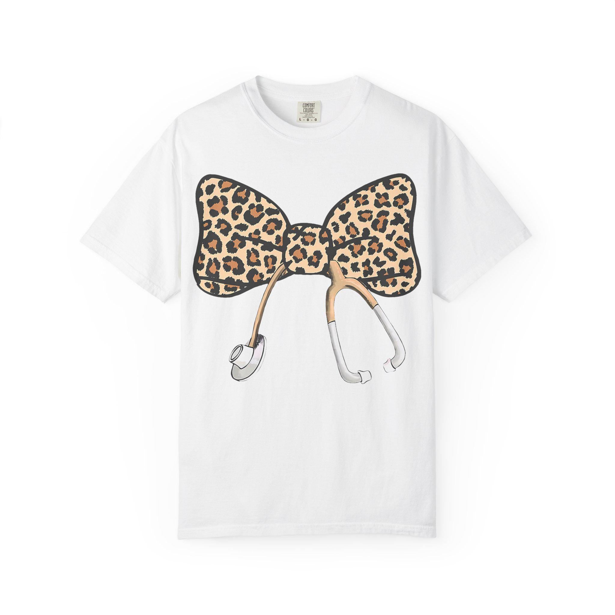 Leopard Print Bow Stethoscope T-Shirt | Nurse Doctor Medical Tee