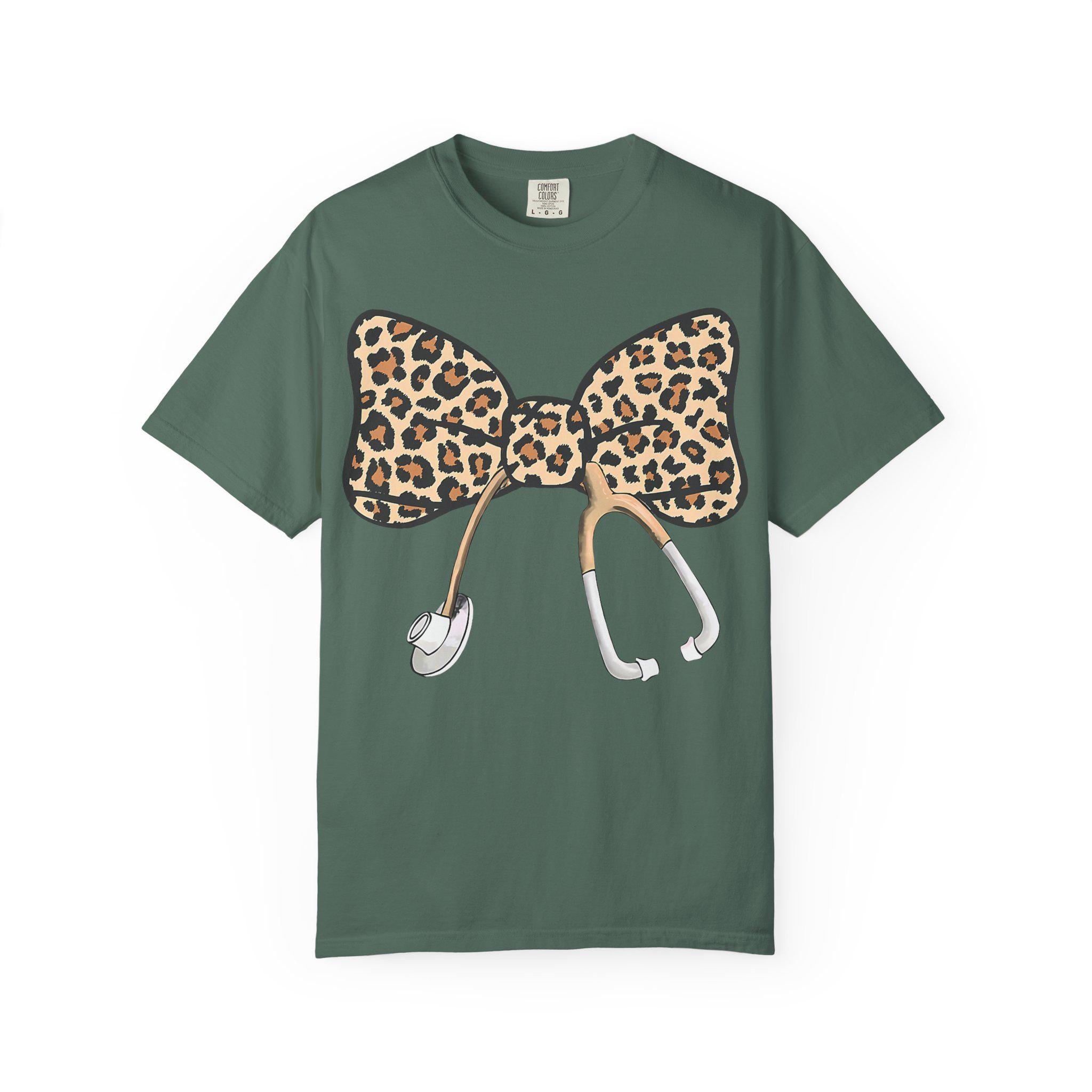 Leopard Print Bow Stethoscope T-Shirt | Nurse Doctor Medical Tee
