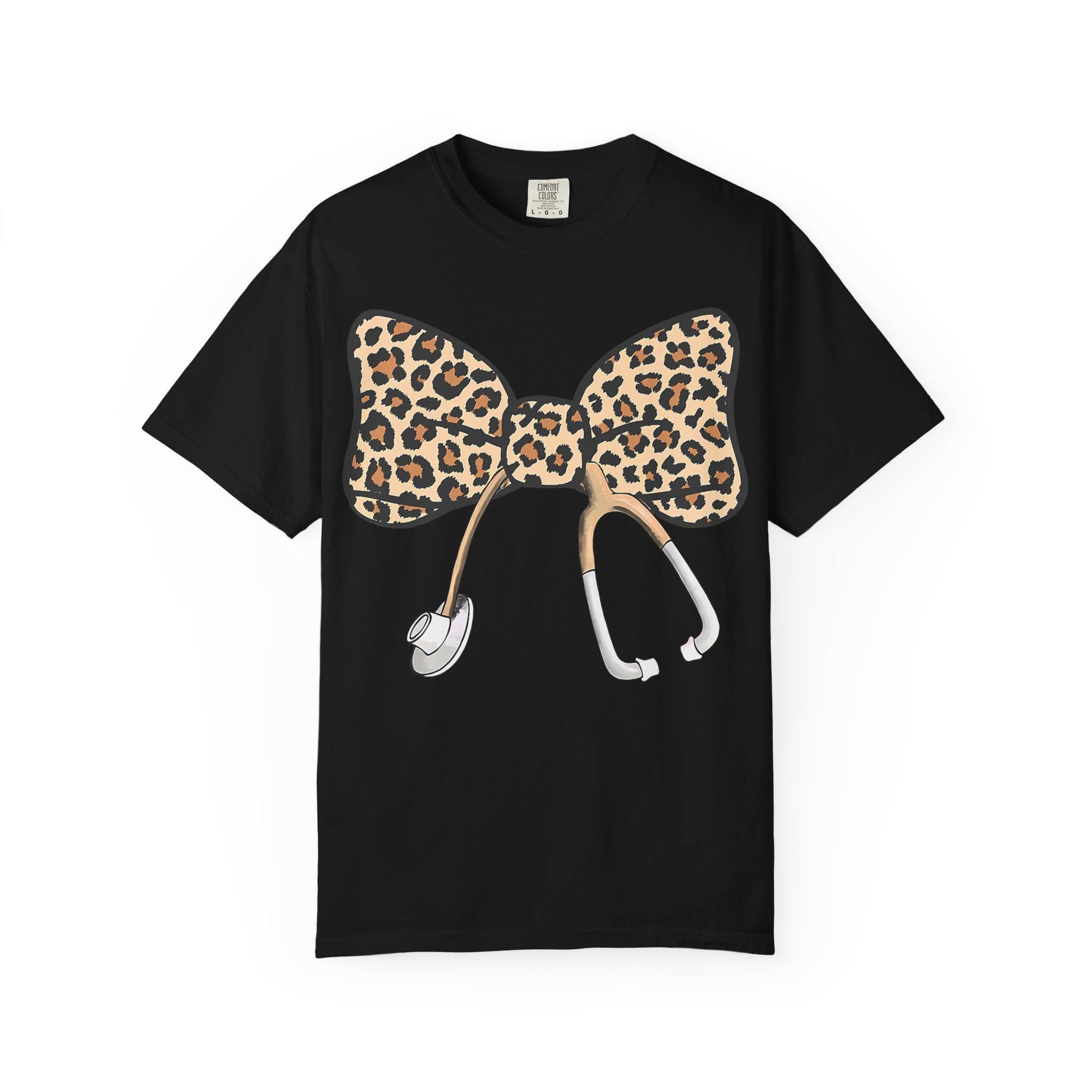 Leopard Print Bow Stethoscope T-Shirt | Nurse Doctor Medical Tee