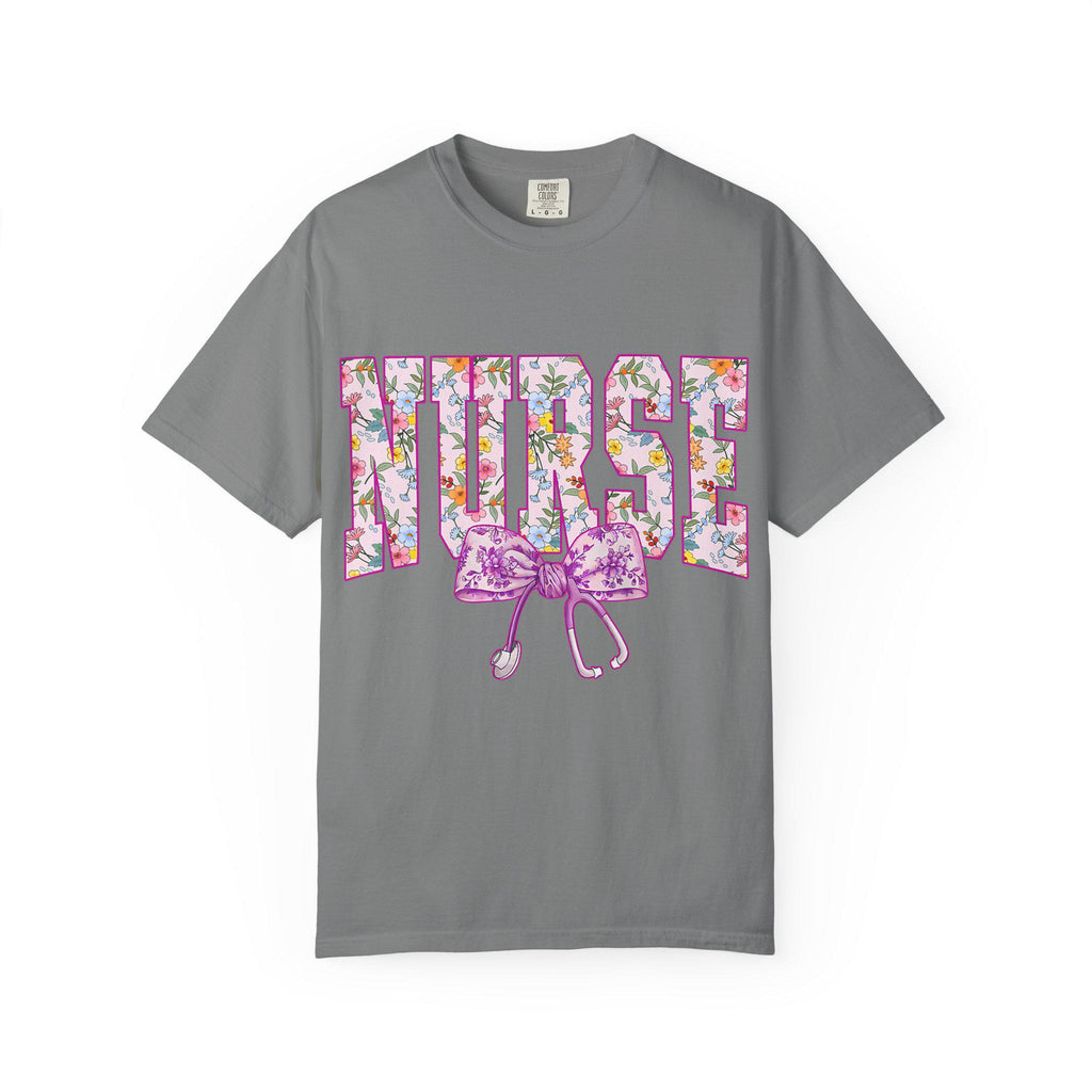 Floral Nurse Letters T-shirt | Pink Stethoscope Medical Tee