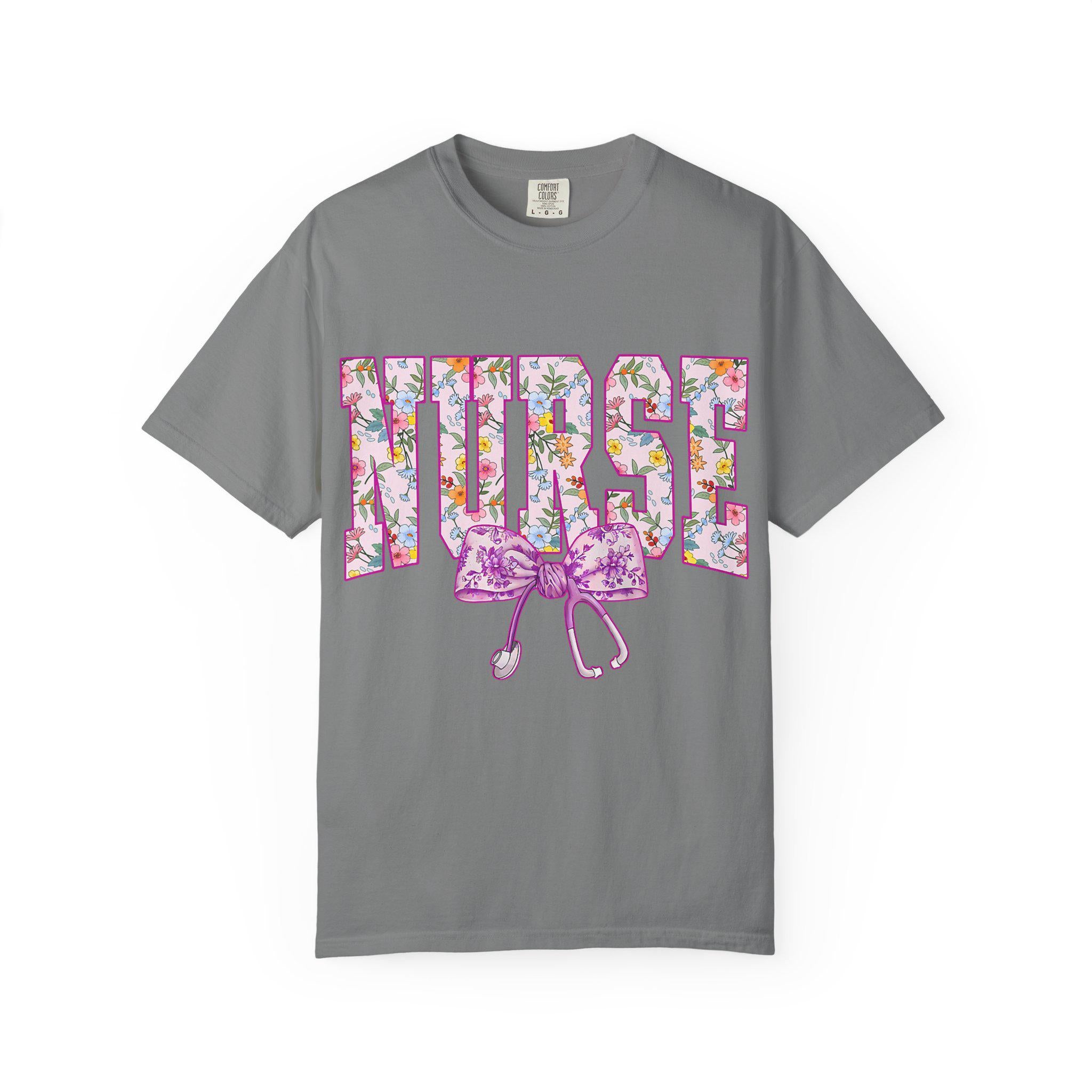 Floral Nurse Letters T-shirt | Pink Stethoscope Medical Tee