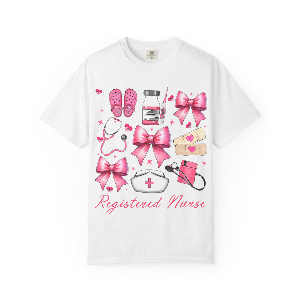 Registered Nurse Illustration T-shirt | Pink Medical Icons, Stethoscope, Bandages, Nurse Cap