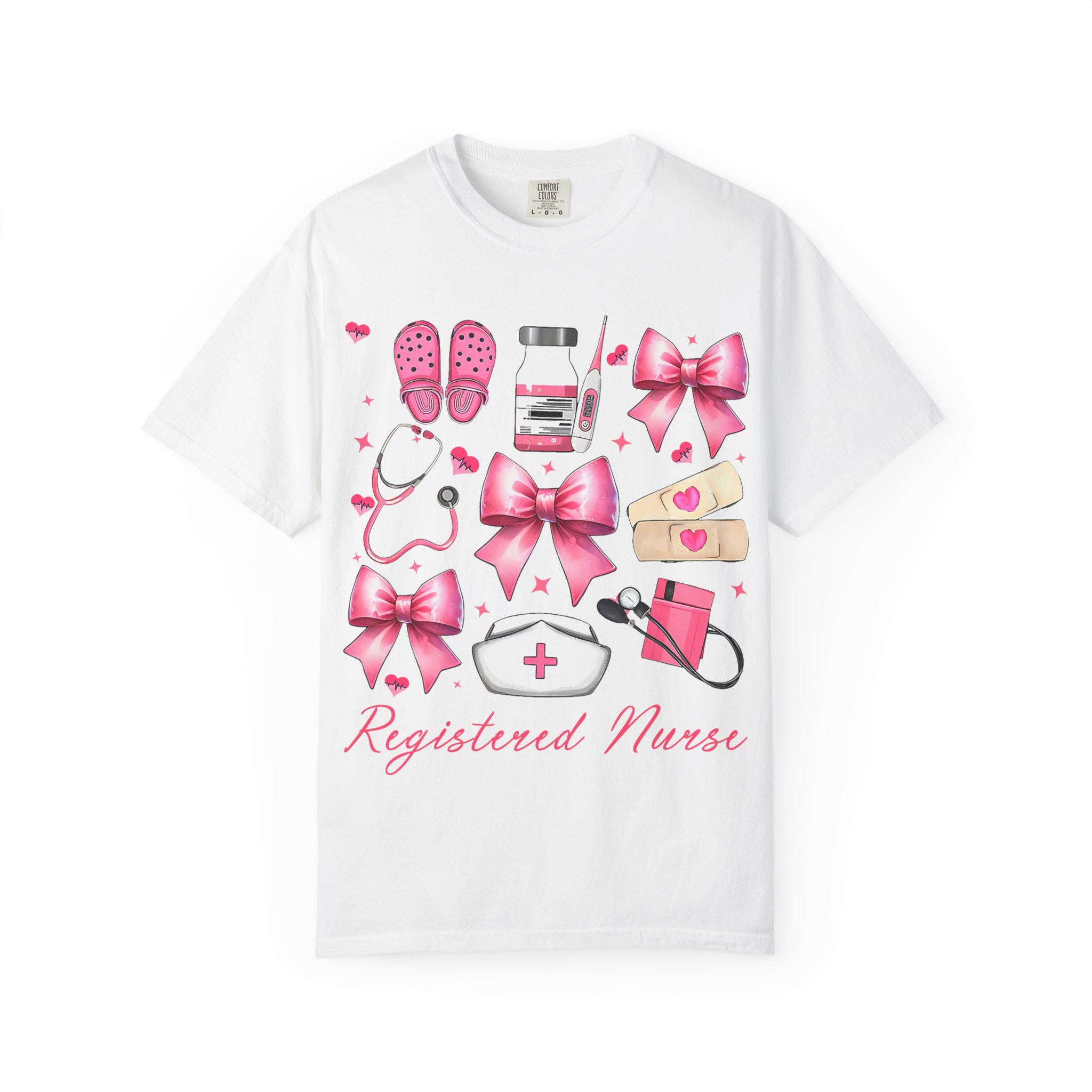 Registered Nurse Illustration T-shirt | Pink Medical Icons, Stethoscope, Bandages, Nurse Cap