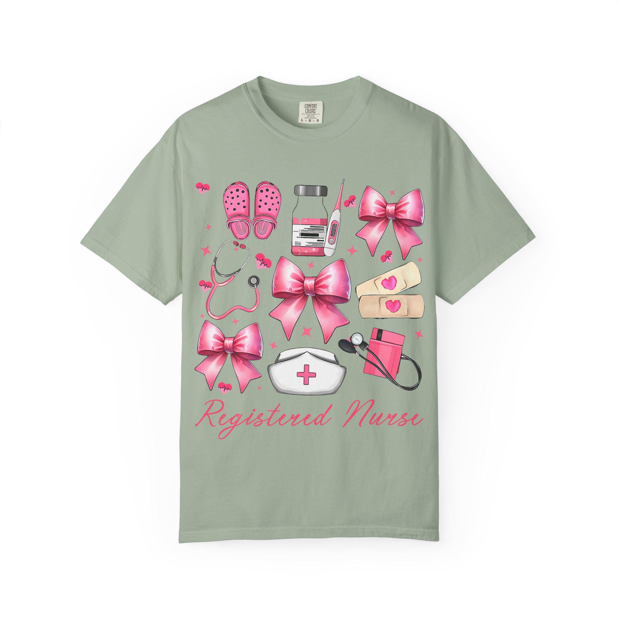 Registered Nurse Illustration T-shirt | Pink Medical Icons, Stethoscope, Bandages, Nurse Cap