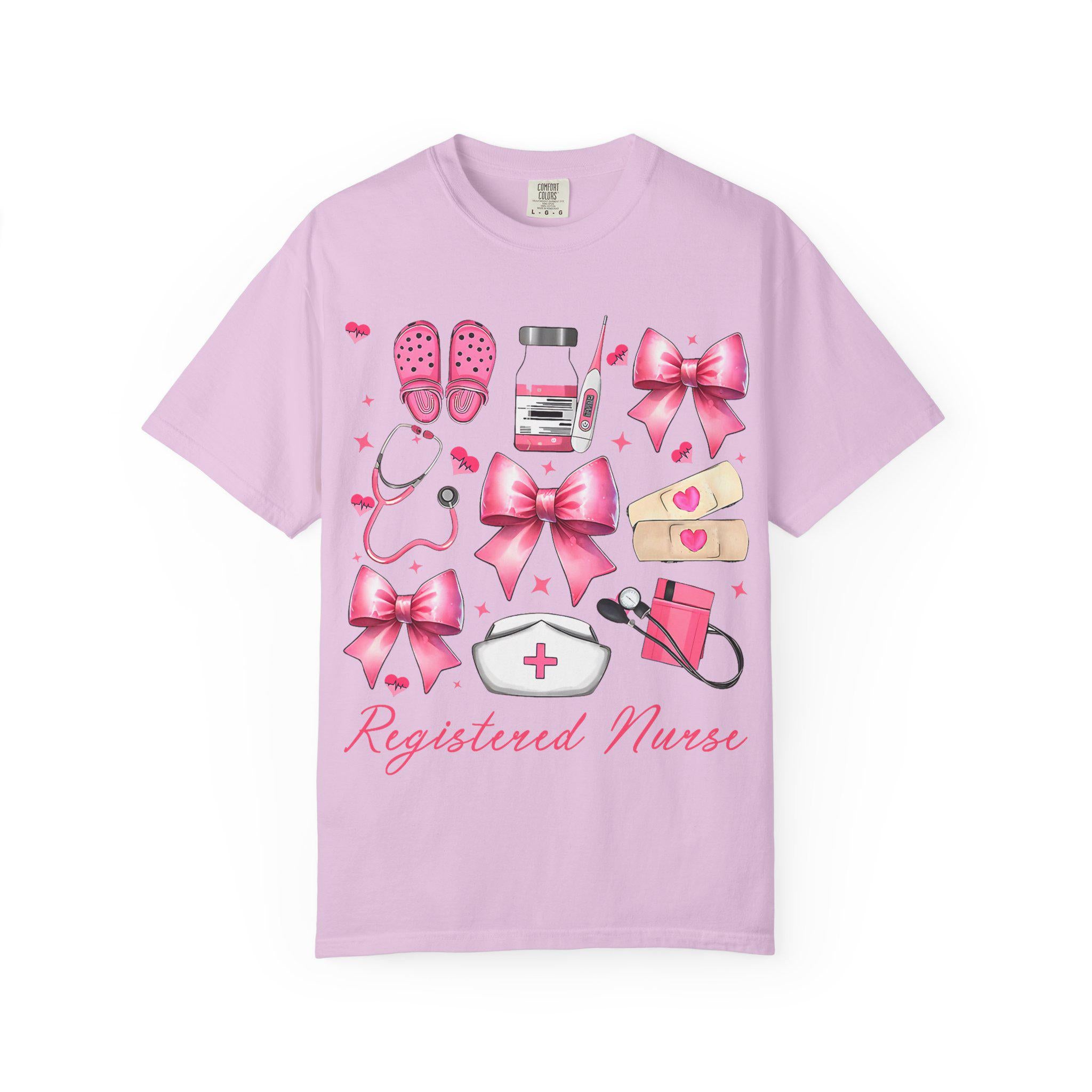 Registered Nurse Illustration T-shirt | Pink Medical Icons, Stethoscope, Bandages, Nurse Cap
