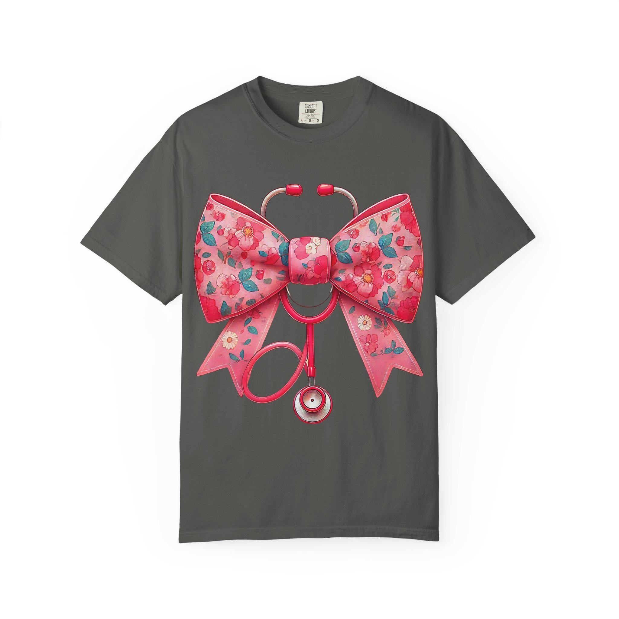Floral Bow Stethoscope T-Shirt | Nurse Medical Scrub Style