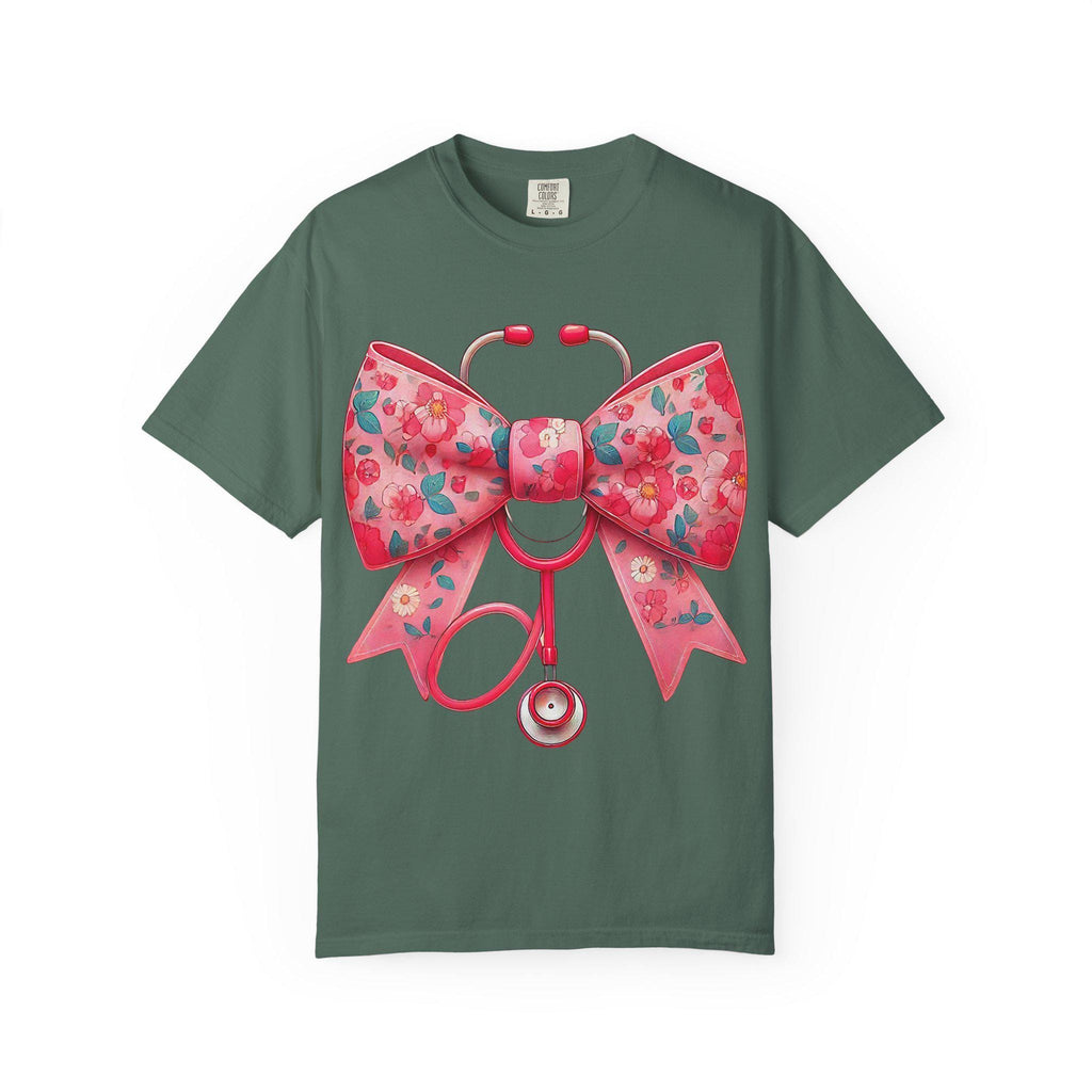 Floral Bow Stethoscope T-Shirt | Nurse Medical Scrub Style