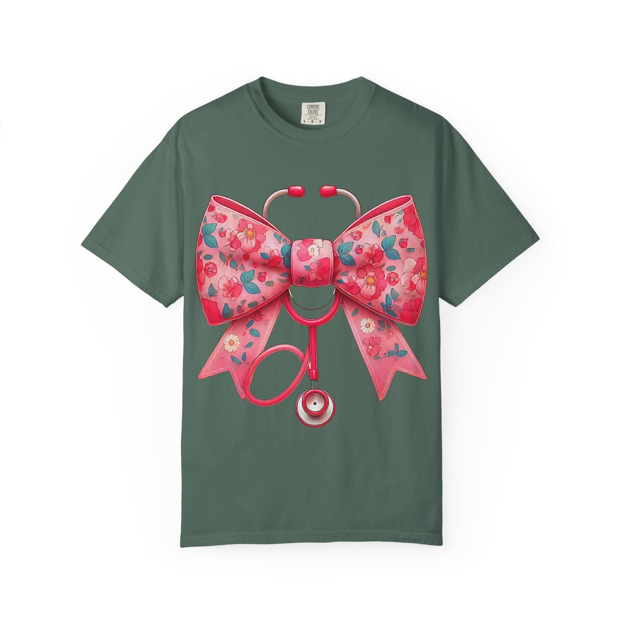 Floral Bow Stethoscope T-Shirt | Nurse Medical Scrub Style