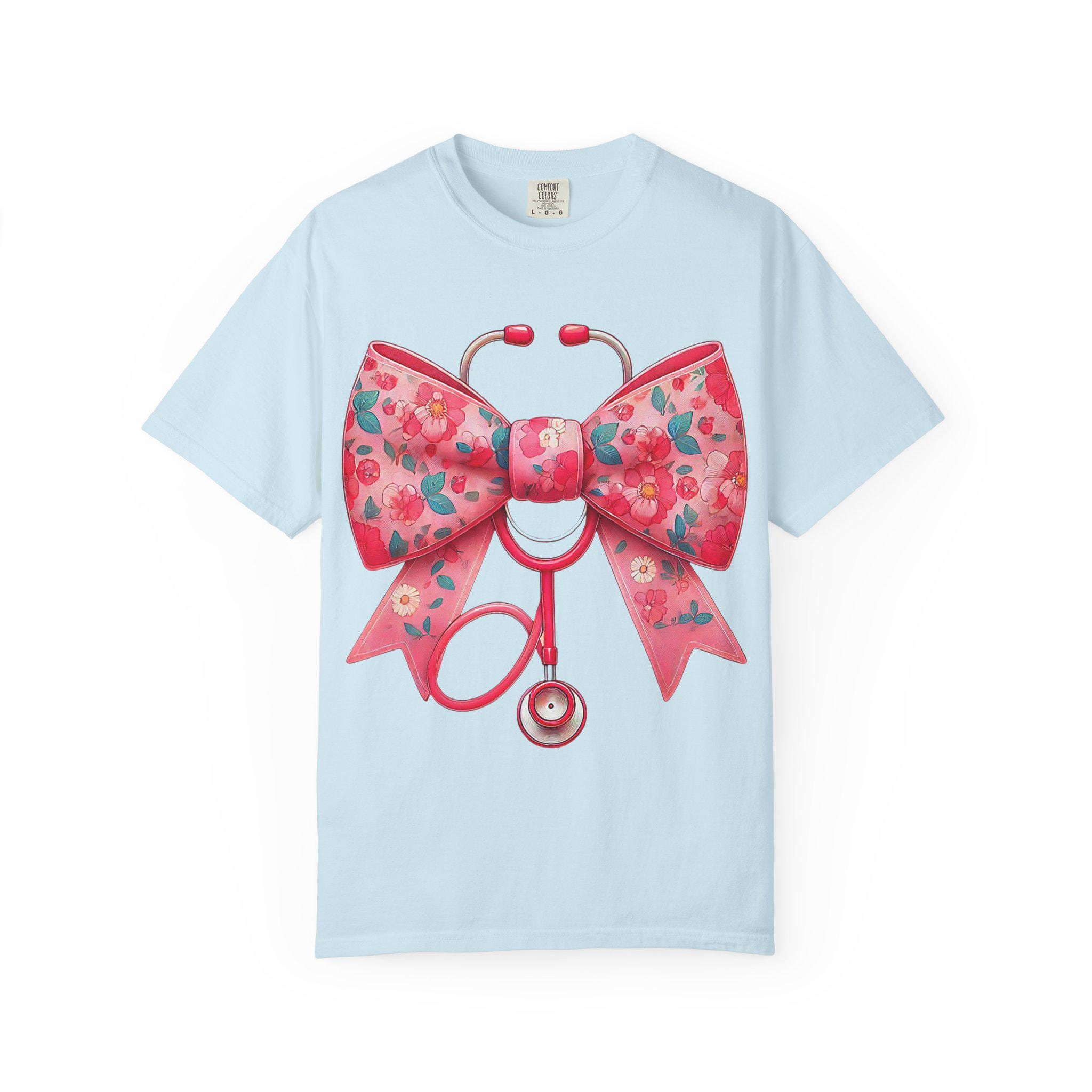 Floral Bow Stethoscope T-Shirt | Nurse Medical Scrub Style