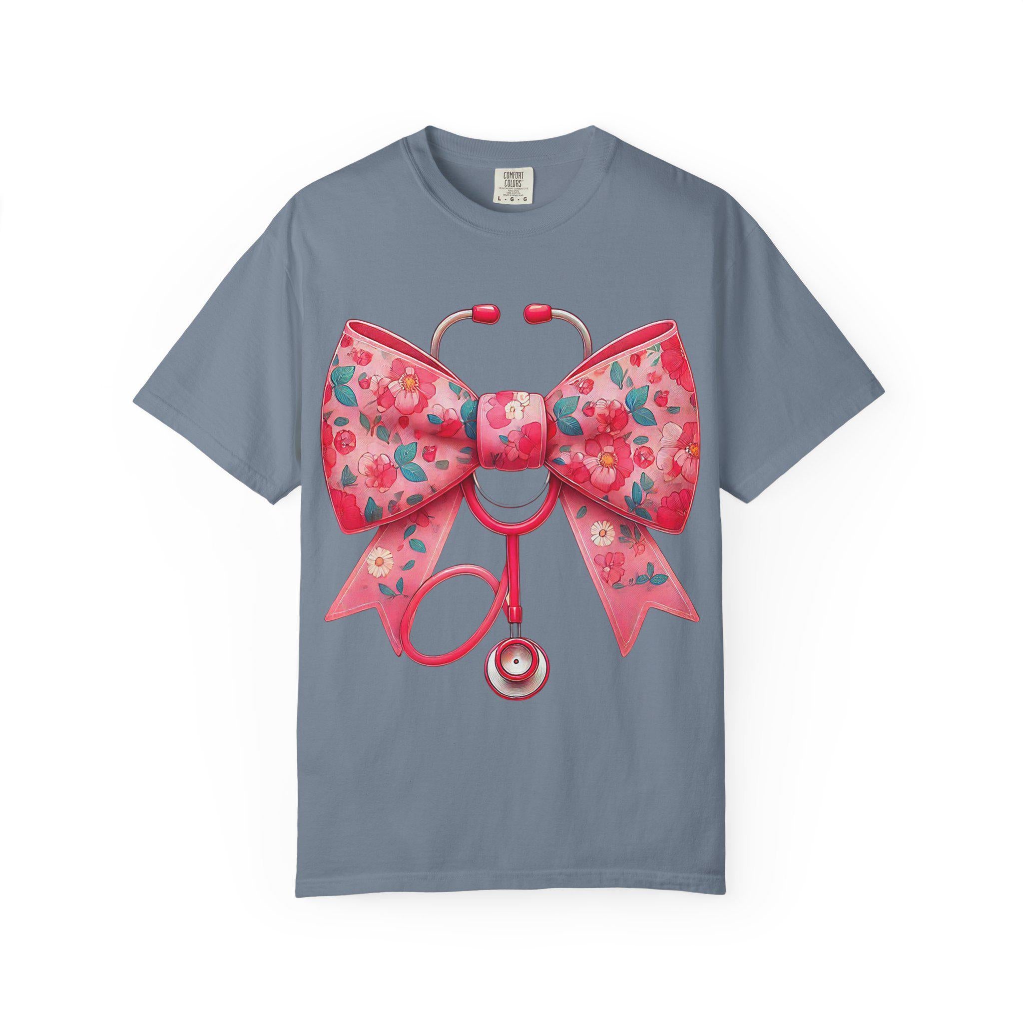 Floral Bow Stethoscope T-Shirt | Nurse Medical Scrub Style