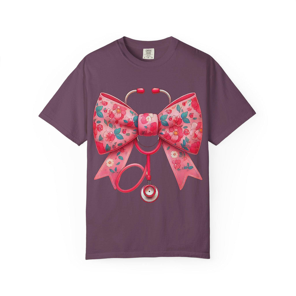 Floral Bow Stethoscope T-Shirt | Nurse Medical Scrub Style